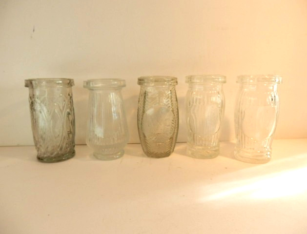 Five  Vintage Glass Potted Meat Fish Paste Jars