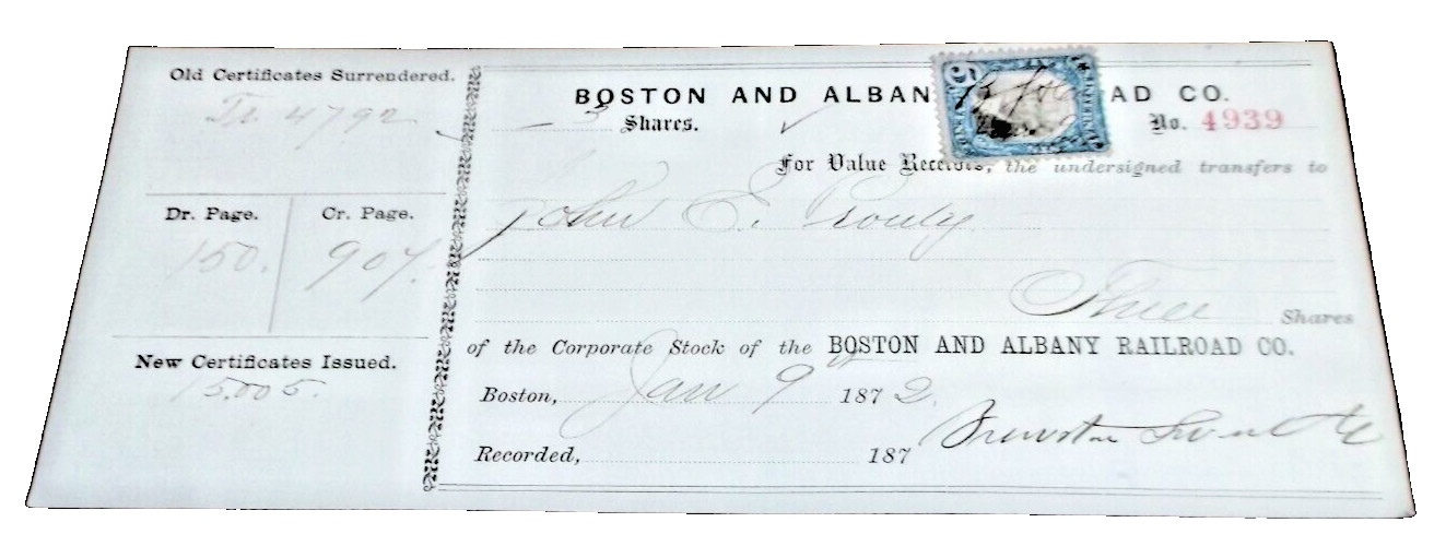 JANUARY 1872 BOSTON & ALBANY RAILROAD NYC STOCK CERTIFICATE EXCHANGE RECEIPT B JANUARY 1872 BOSTON & ALBANY RAILROAD NYC STOCK CERTIFICATE EXCHANGE RECEIPT B