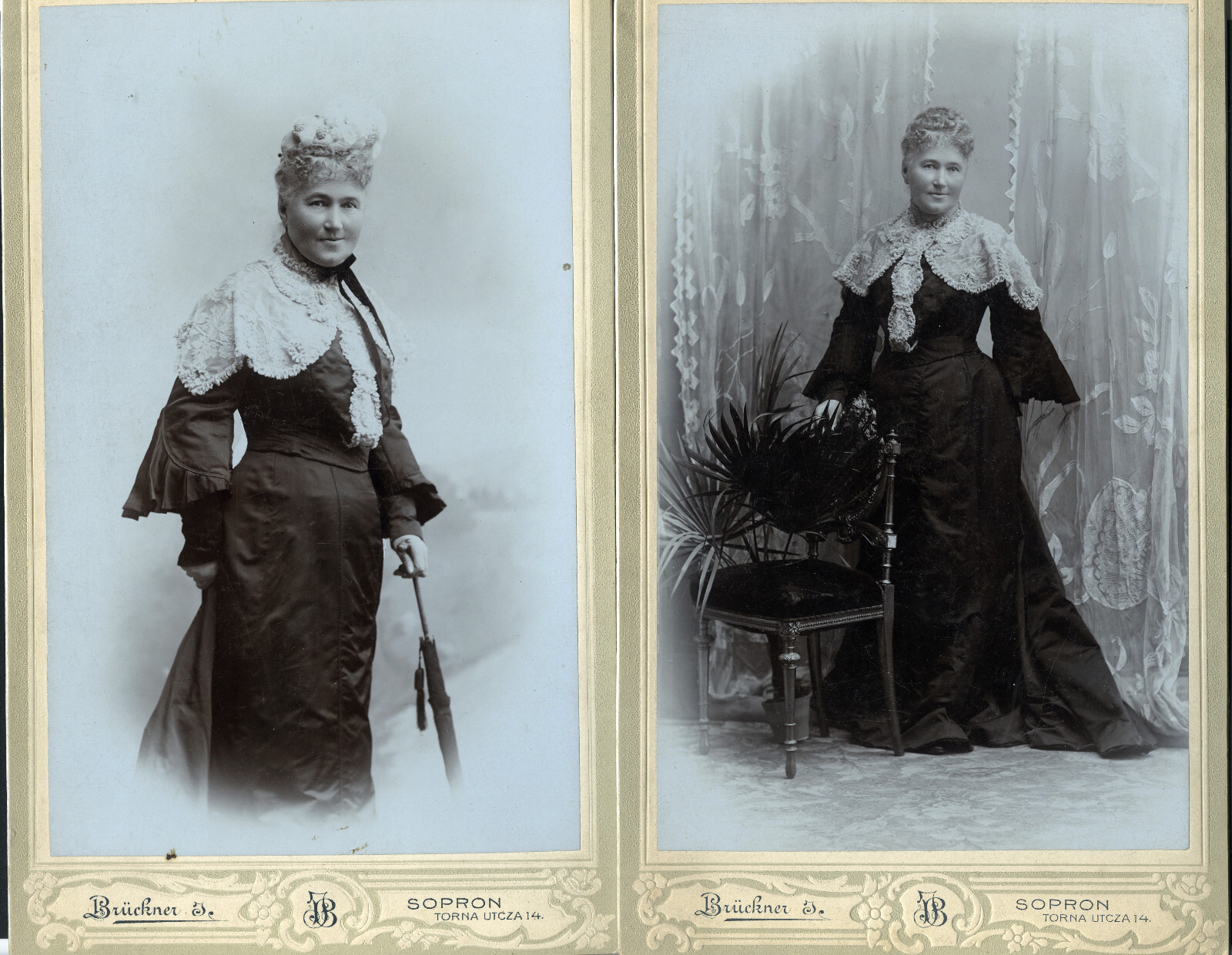 LOT 2x LARGER SIZE antique Cabinet Card, elegant woman in strange cap, SOPRON,