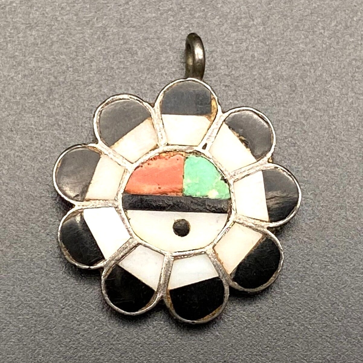 Petite Vintage Zuni Native Kachina Turquoise Coral Inlay Silver Pendant Charm Petite Vintage Zuni Native Kachina Turquoise Coral Inlay Silver Pendant Charm