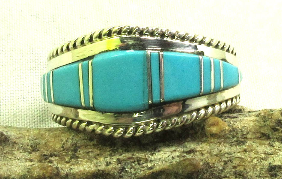 Native American Zuni Sterling Silver Turquoise Inlay Ring Size 10 #160 Native American Zuni Sterling Silver Turquoise Inlay Ring Size 10 #160
