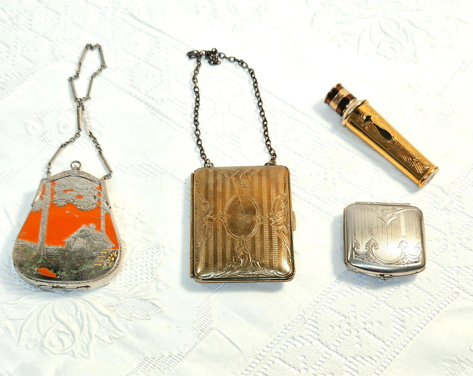 #13 Vanity lot of 4 Vintage Compact, 2 Wristlets, & 1940s Perfume Bottle #13 Vanity lot of 4 Vintage Compact, 2 Wristlets, & 1940s Perfume Bottle