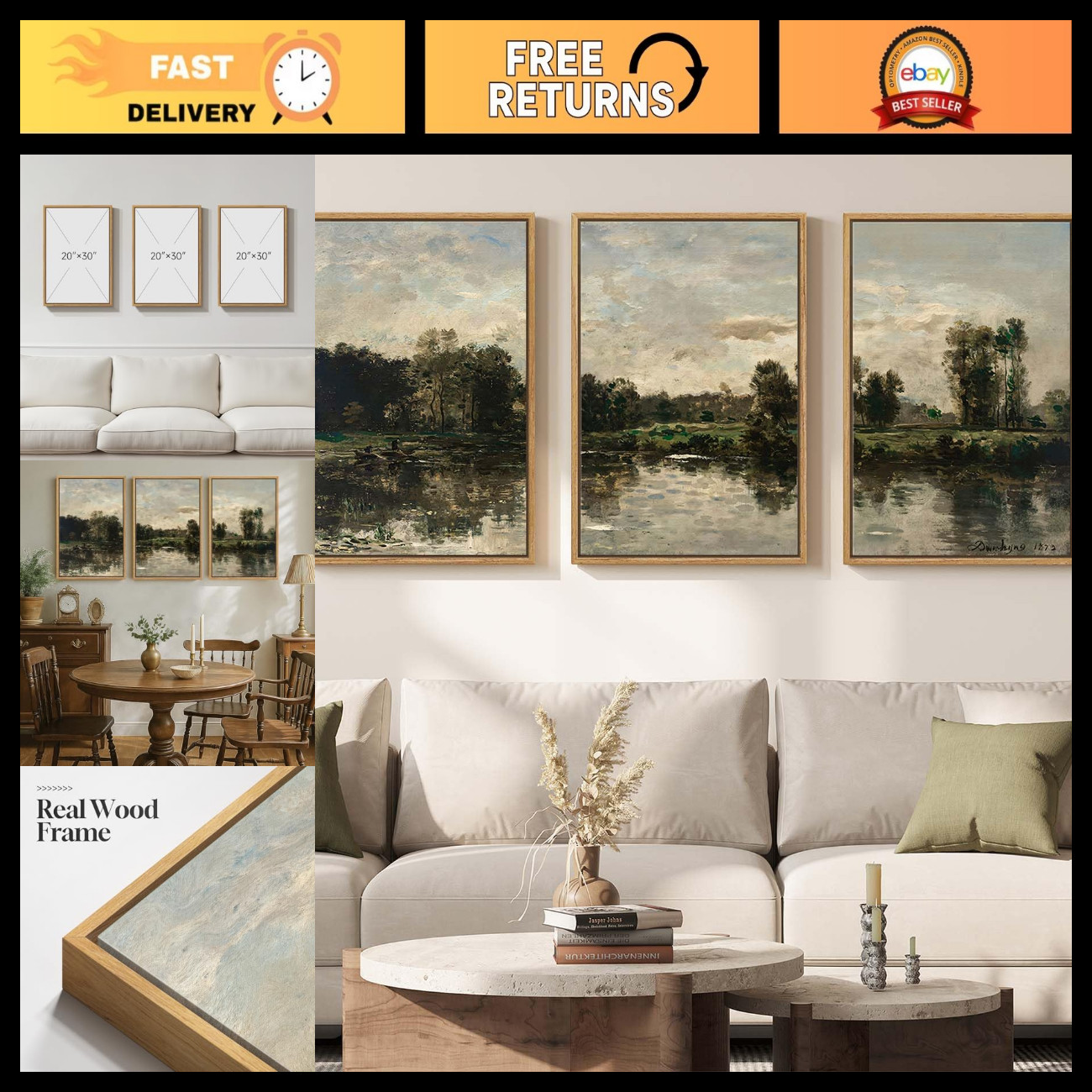 Framed Vintage Lake Landscape Large Wall Art for Living Room, 20x30 Inch