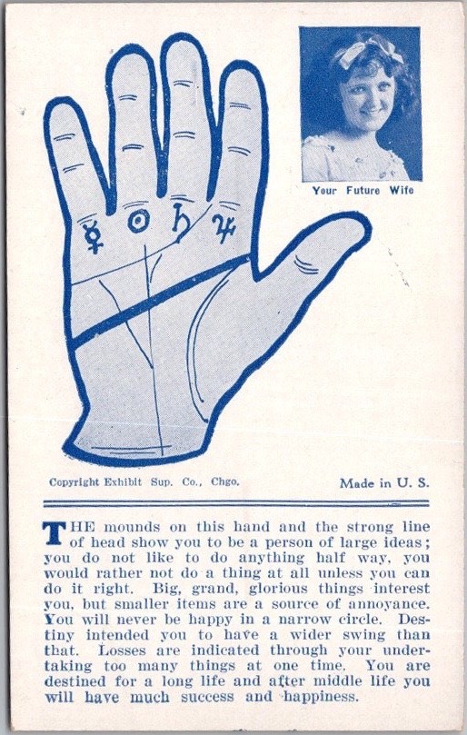 c1930s PALM READING / Fortune Teller Exhibit Co. ARCADE CARD "Your Future Wife" c1930s PALM READING / Fortune Teller Exhibit Co. ARCADE CARD "Your Future Wife"