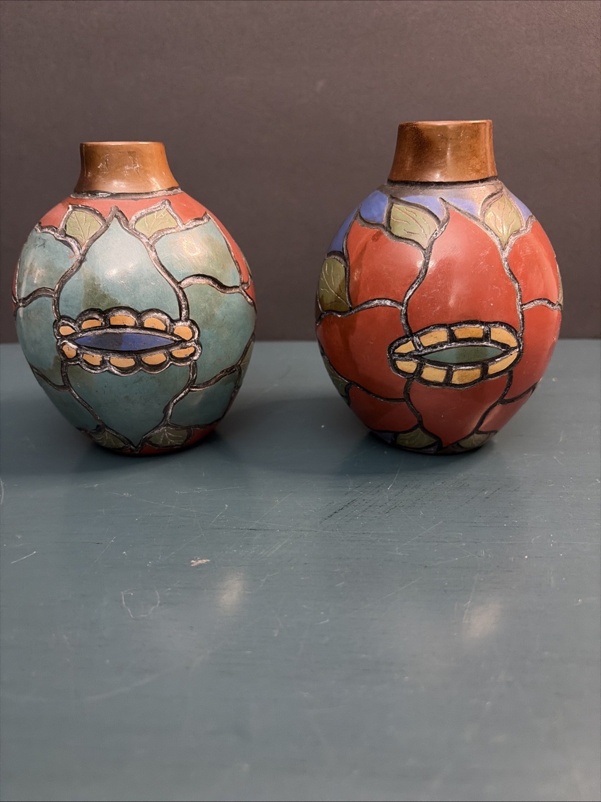 2 Taller Moncada Peru Hand-Carved Solid Wood Vases - Signed Chulucanas Art