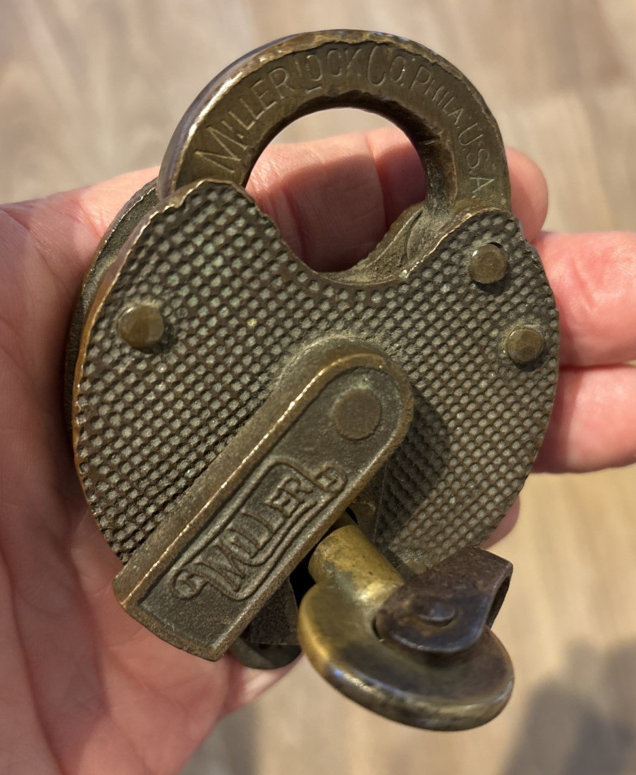 Vintage Antique Brass Pad Lock “Miller” With Key, Philadelphia, PA, Works Well Vintage Antique Brass Pad Lock “Miller” With Key, Philadelphia, PA, Works Well