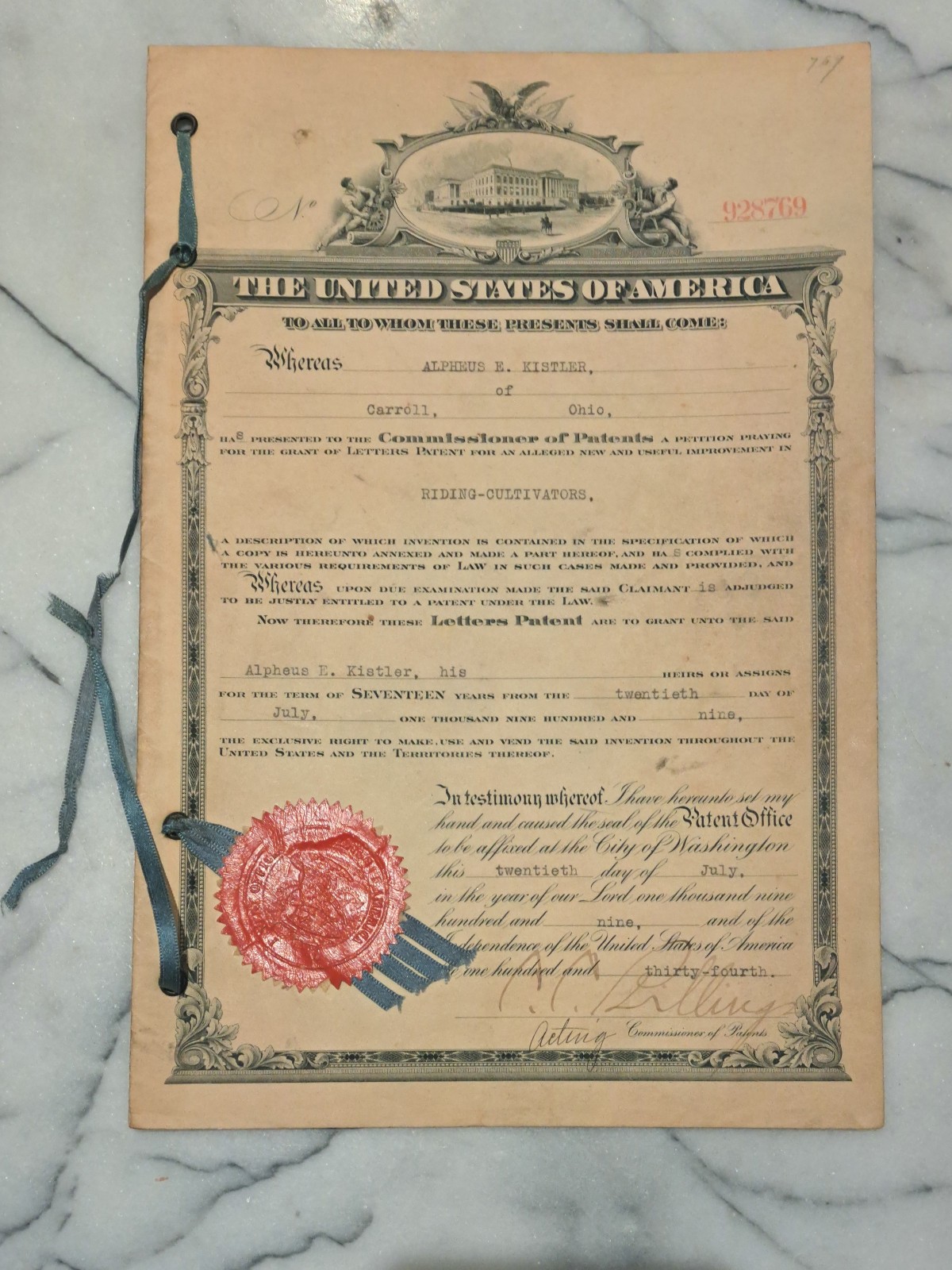 Genuine US Patent 928,769 from July 1909 titled “Riding-Cultivators” Genuine US Patent 928,769 from July 1909 titled “Riding-Cultivators”
