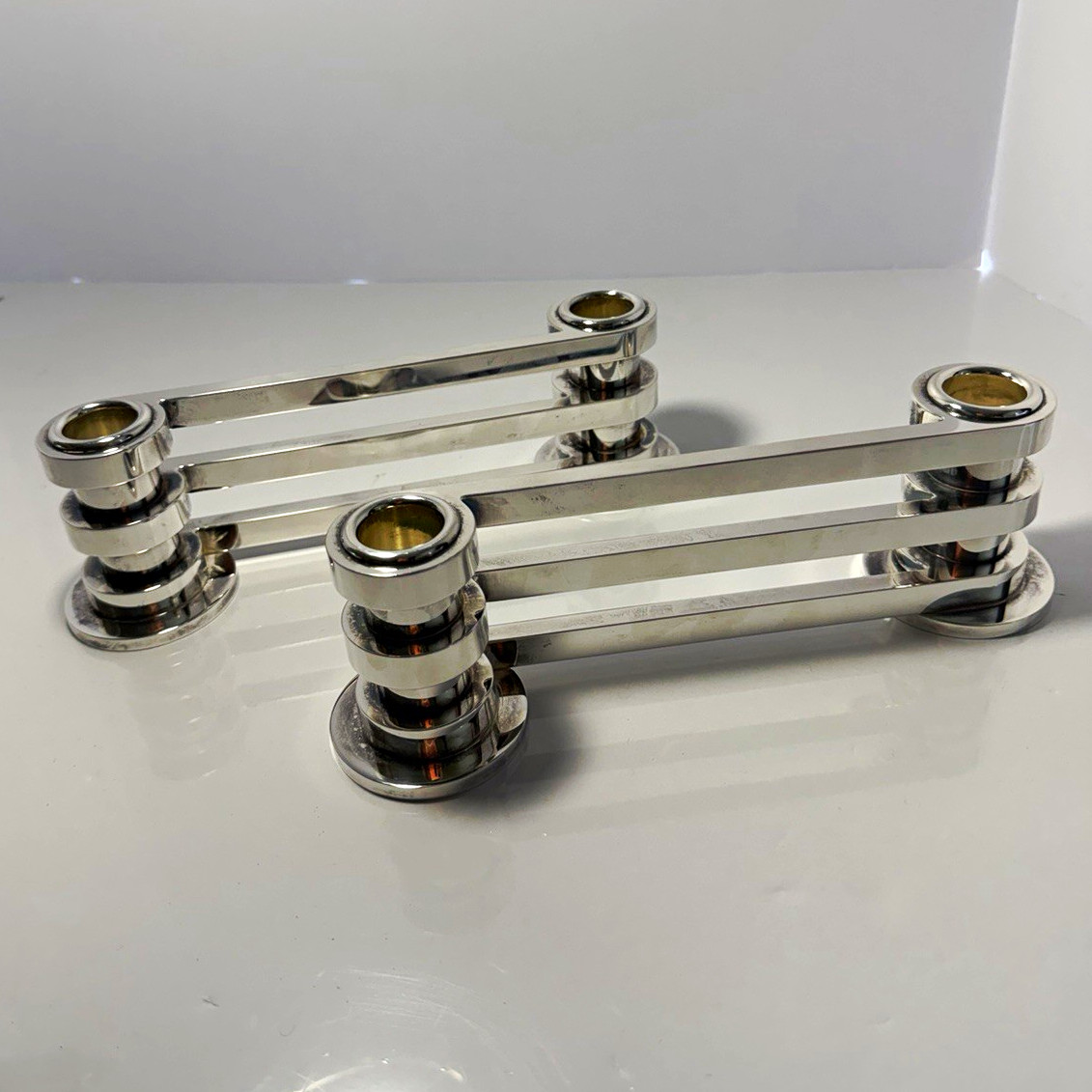 Pair Vintage Puiforcat France Ruban Silver Plated 2-Light Candleholders Signed Pair Vintage Puiforcat France Ruban Silver Plated 2-Light Candleholders Signed