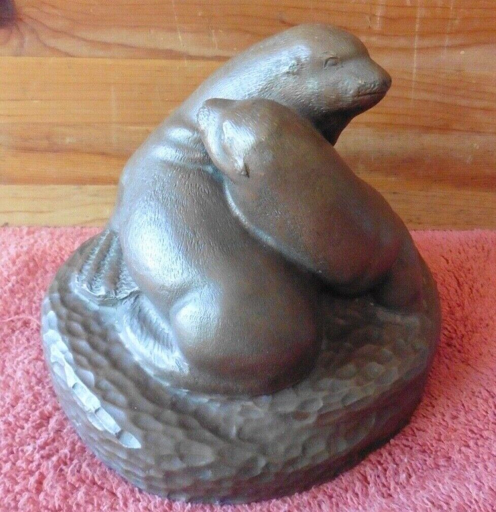 Artini Engraved Sculpture Sea Lions Seals Statue Brown Resin Etched Vintage 