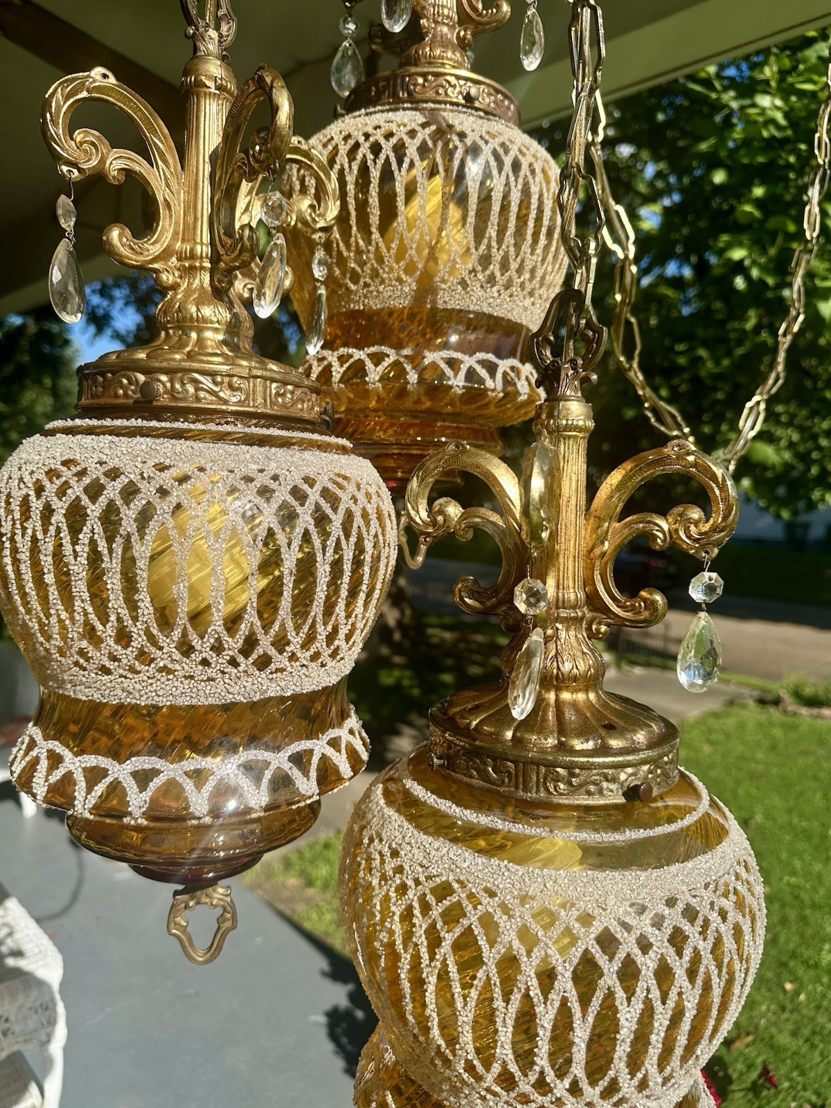 Gorgeous Rare Vintage Amber Glass 3 light MCM Swag Lamp Mid C Hollywood Regency Gorgeous Rare Vintage Amber Glass 3 light MCM Swag Lamp Mid C Hollywood Regency