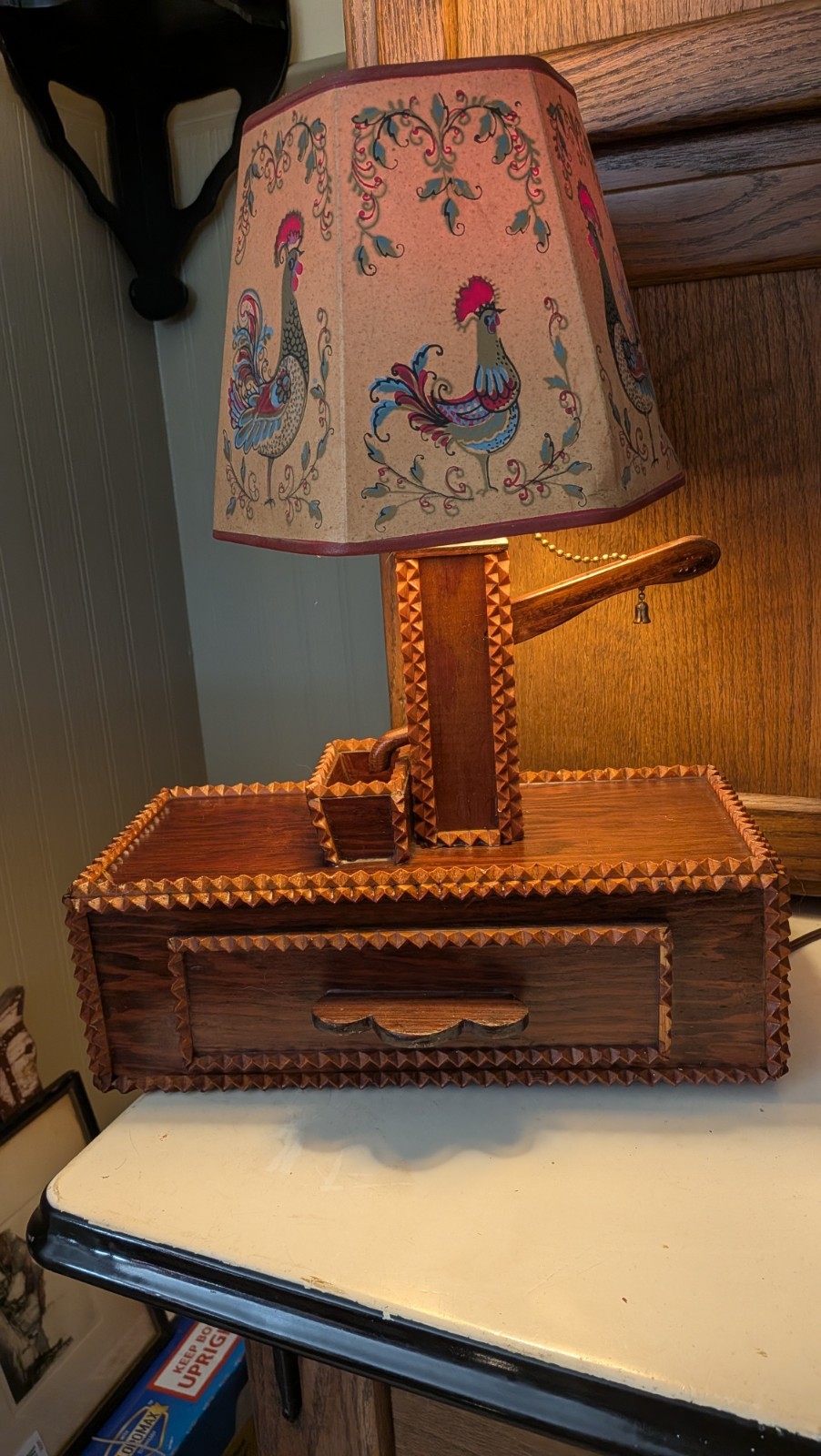 Vintage Tramp Art Lamp Folk Art Cottage Core Folk Art Rooster Shade Rare Rare Vintage Tramp Art Lamp Folk Art Cottage Core Folk Art Rooster Shade Rare Rare