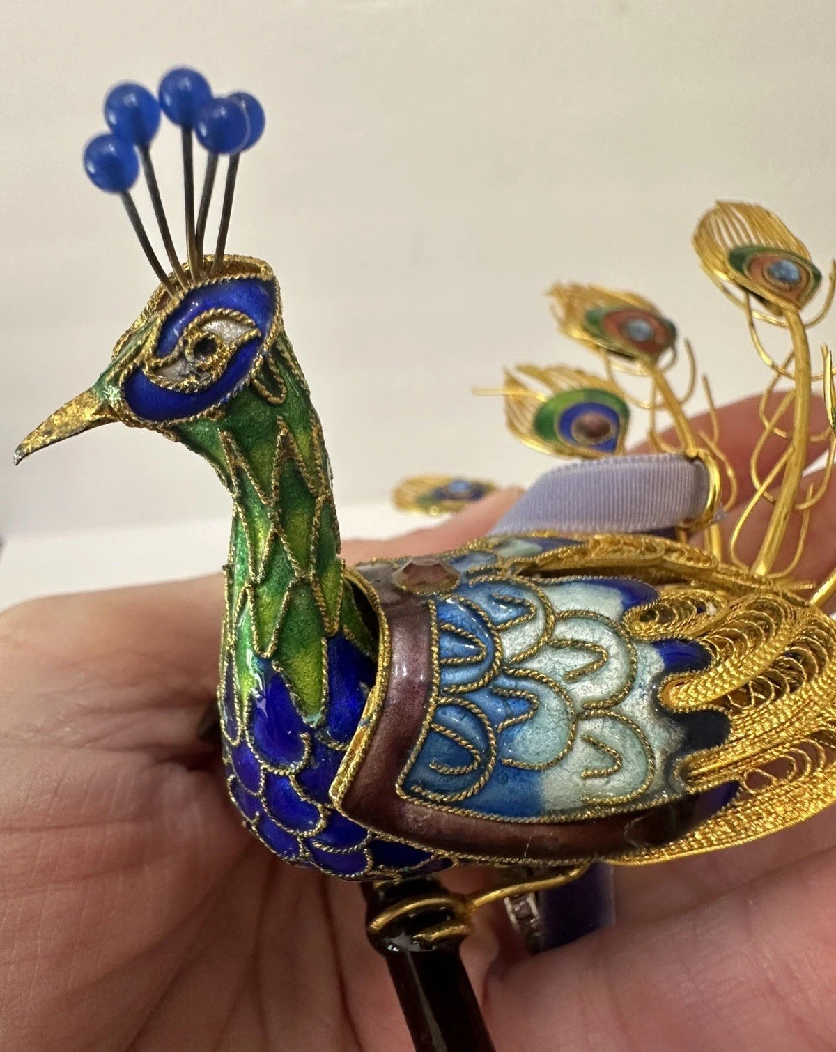 Cloisonne Enamel Peacock Gold Wire Colorful Christmas Ornament Large so Pretty