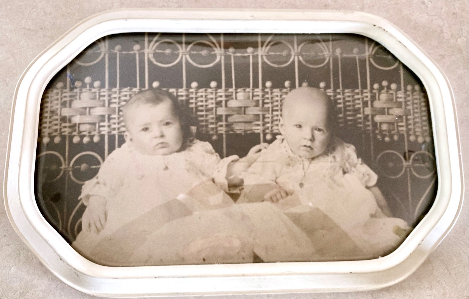Antique Victorian Baby Girls Photo w Octagonal 17"x11" Convex Bubble Glass Frame Antique Victorian Baby Girls Photo w Octagonal 17"x11" Convex Bubble Glass Frame