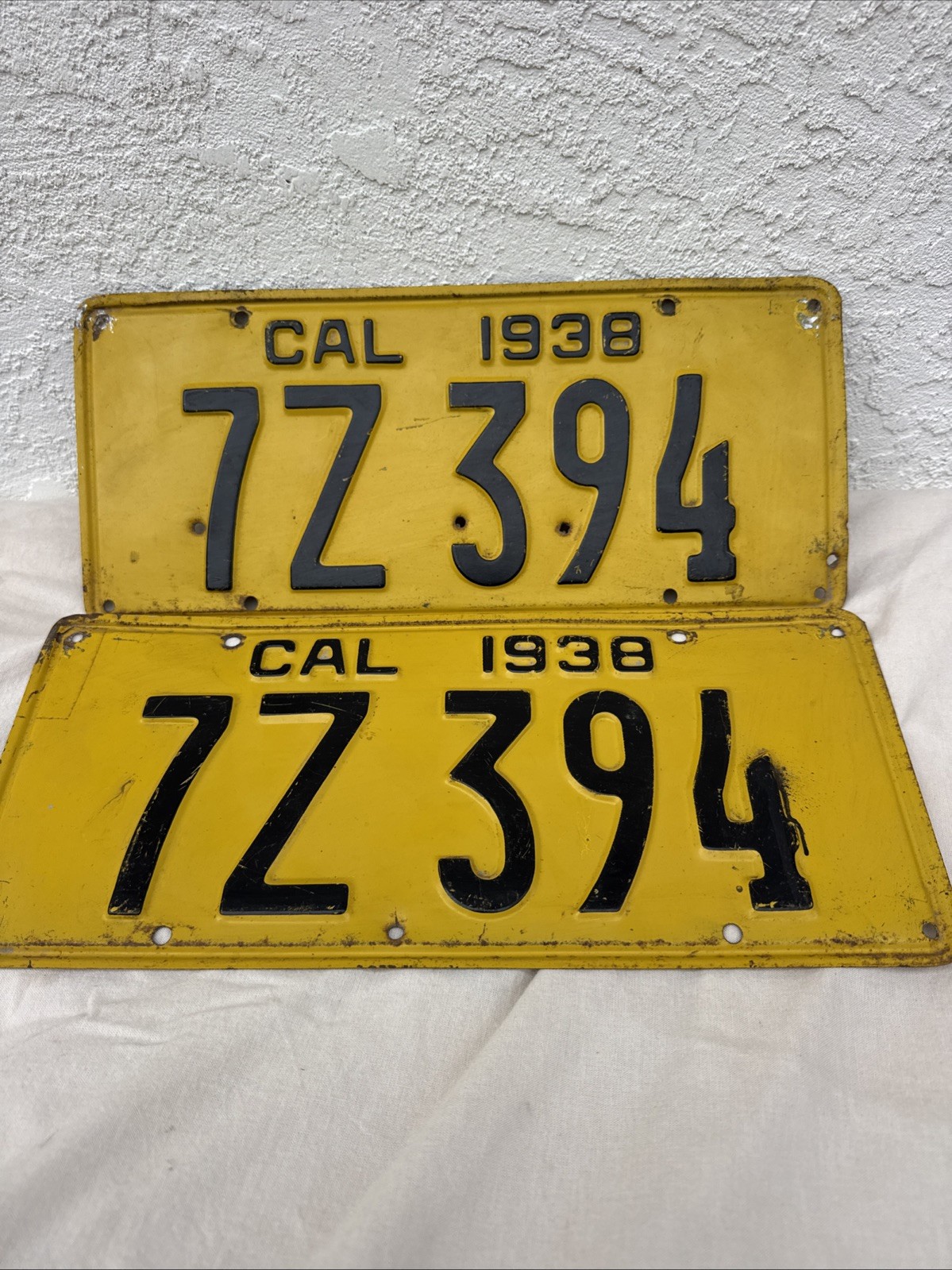 Vintage 1938 California License Plate Pair 7Z394 Original w/Bullet Holes Vintage 1938 California License Plate Pair 7Z394 Original w/Bullet Holes