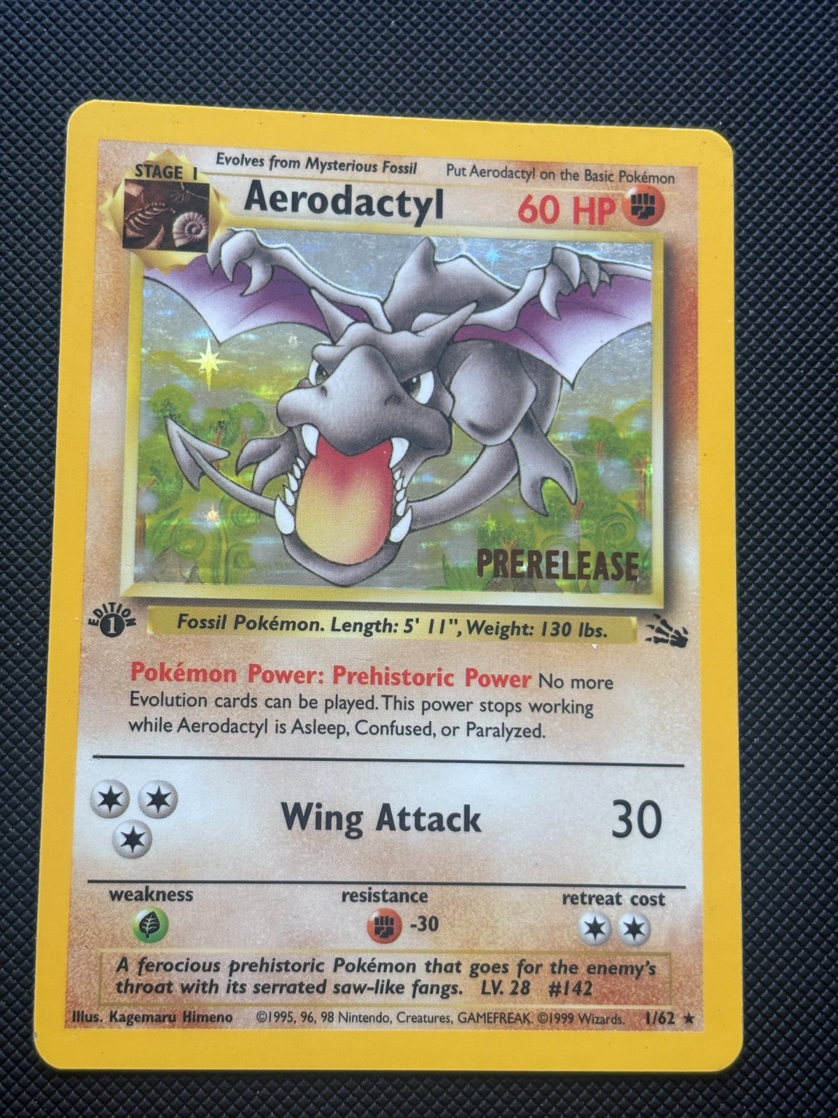 Pokemon Card - Fossil 1st Edition Aerodactyl Prerelease 1/62 Holo MP