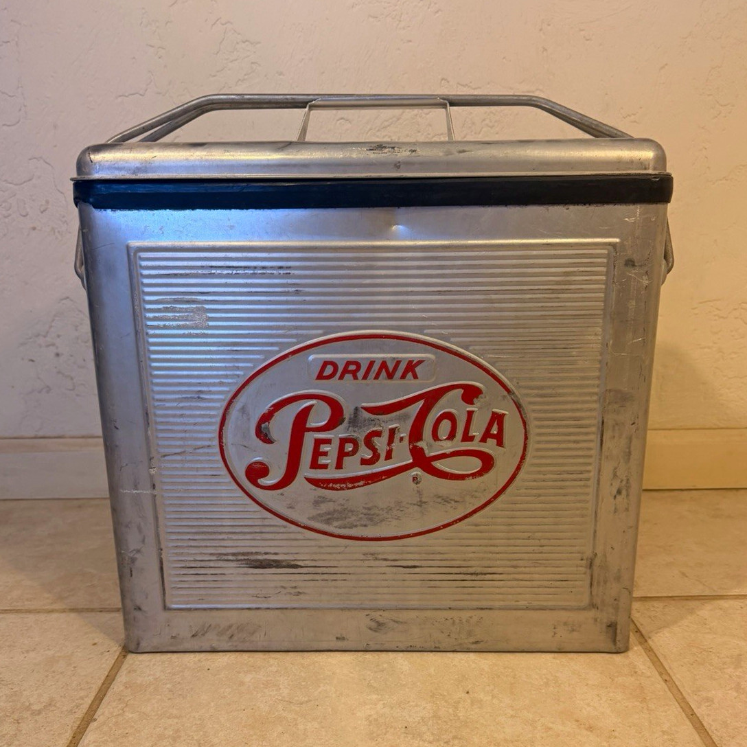 Vintage 1950s Drink Pepsi-Cola Aluminum Cooler Ice Chest Picnic Soda Advertising
