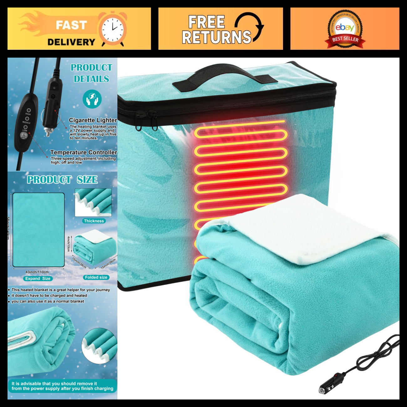 12v Heated Car Blanket 58" x 43", Green, Solid