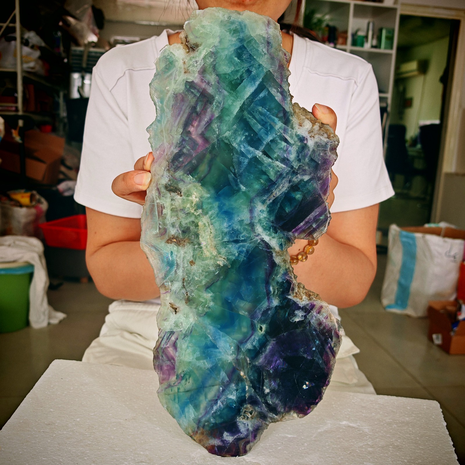5.39LB Natural colored fluorite crystal tower specimen slice healing 2450g 5.39LB Natural colored fluorite crystal tower specimen slice healing 2450g