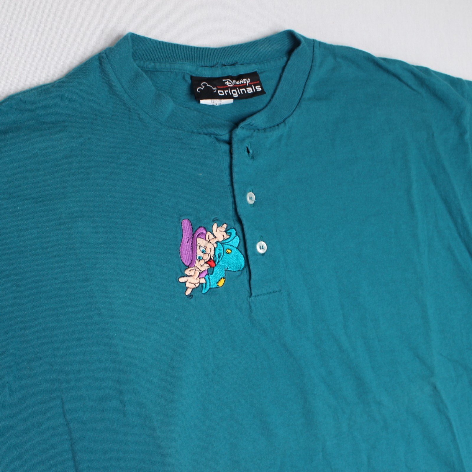 Vtg Disney Parks Snow White Dopey Dwarf Embroidered Henley T Shirt L XL Teal