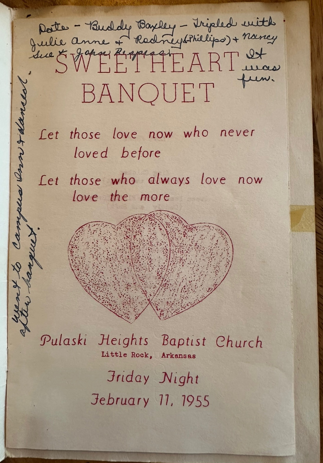 1955 Pulaski Heights Baptist Church Sweetheart Banquet Program Little Rock AR 1955 Pulaski Heights Baptist Church Sweetheart Banquet Program Little Rock AR