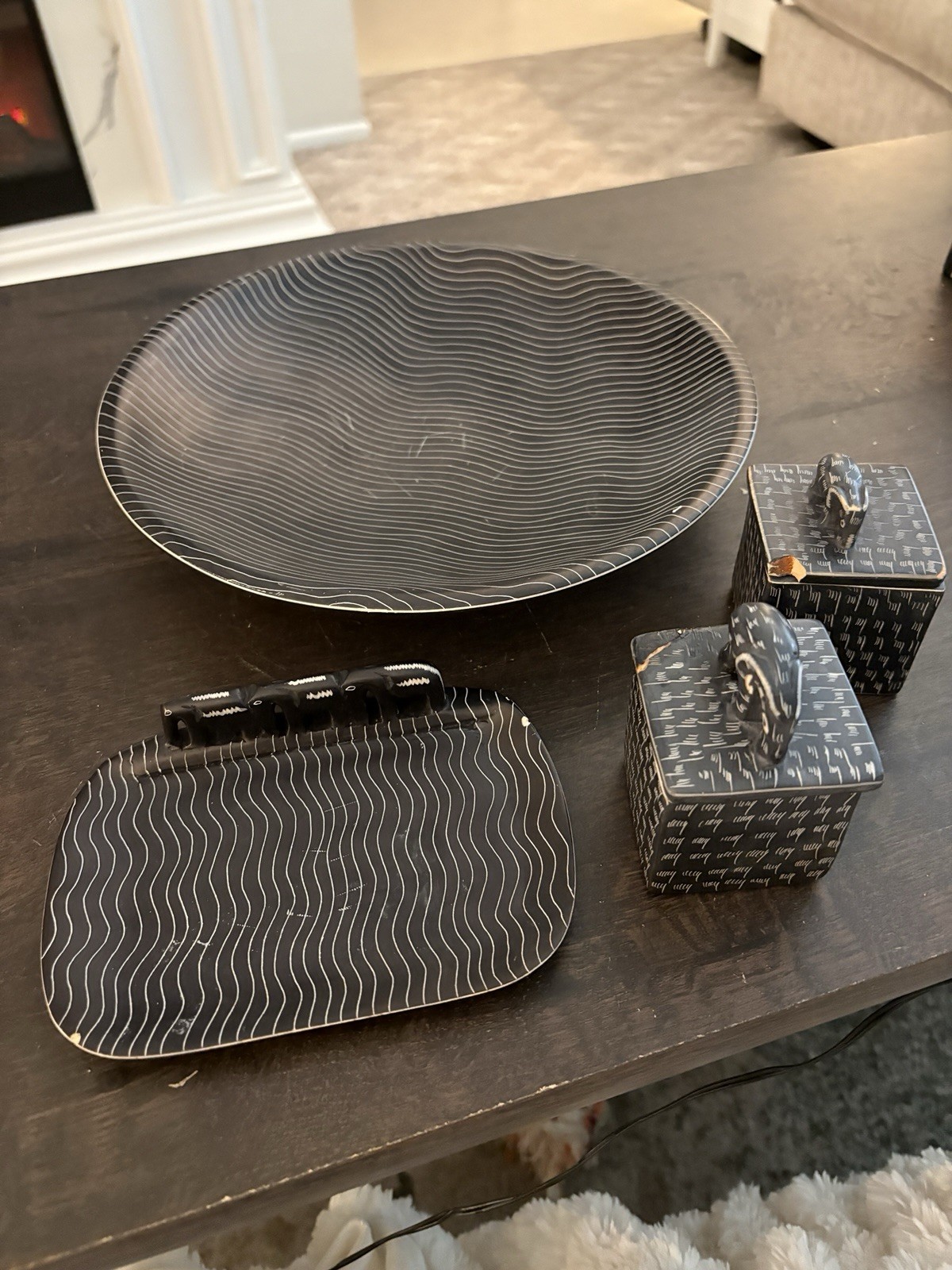 Vintage 1987 Kenya African Soapstone Elephant Boxes Bowl Tray 4 Pc Set Vintage 1987 Kenya African Soapstone Elephant Boxes Bowl Tray 4 Pc Set
