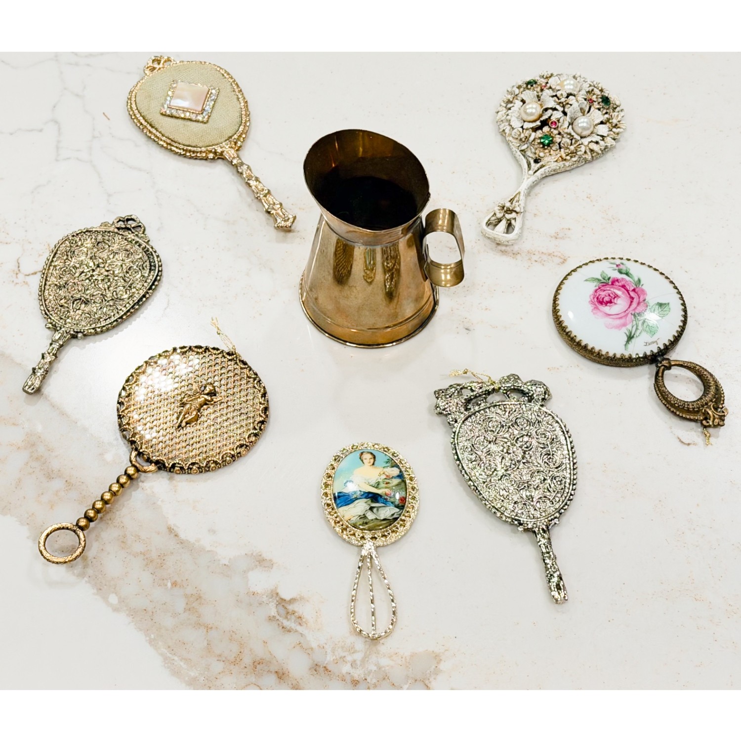 Lot of 8 Vtg Ornate Vanity Mirrors & Pitcher Filigree Portrait Hollywood Lot of 8 Vtg Ornate Vanity Mirrors & Pitcher Filigree Portrait Hollywood