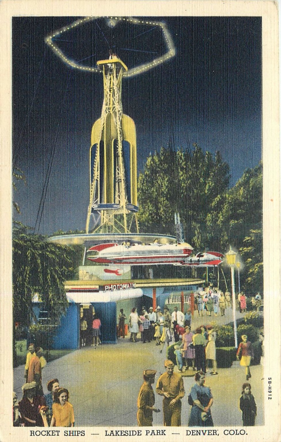 1953 Denver Lakeside Park Rocket Ships Ride Night View Linen Postcard amusement 1953 Denver Lakeside Park Rocket Ships Ride Night View Linen Postcard amusement