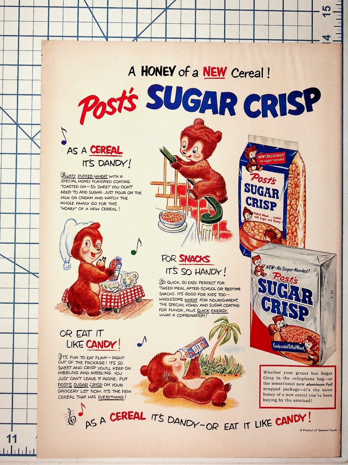 Vintage 1950 Post's Sugar Crisp Cereal Magazine Print Ad General Foods Bears Vintage 1950 Post's Sugar Crisp Cereal Magazine Print Ad General Foods Bears