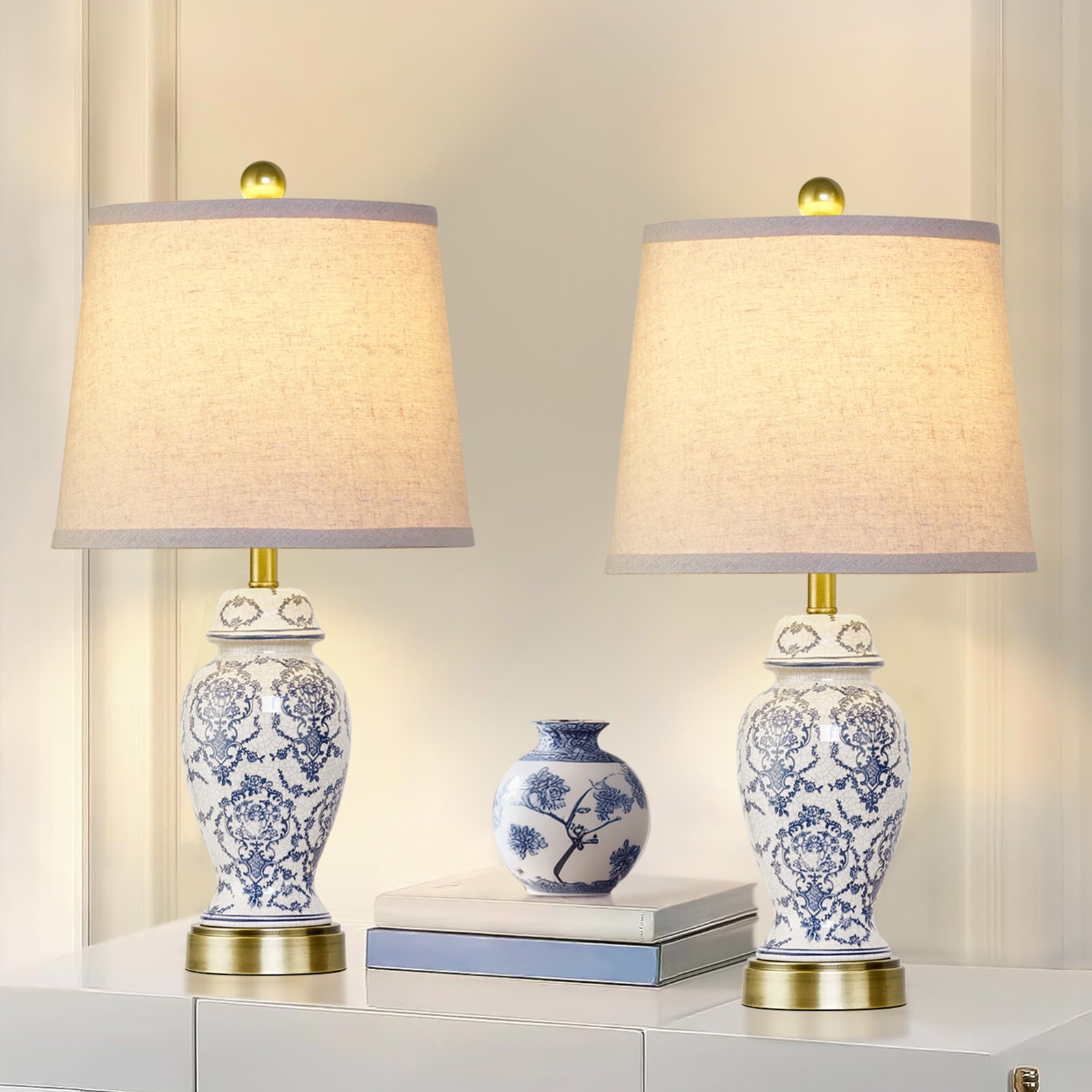 2pc Set 22" Blue White Porcelain Jar Lamp Brass Base Vintage Decor