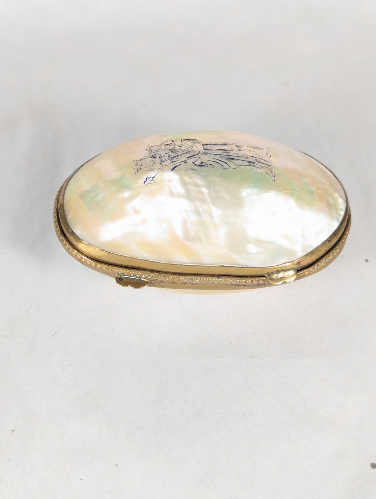 Antique 19thC French Mother of Pearl Abalone Shell Box Notre Dame Souvenir