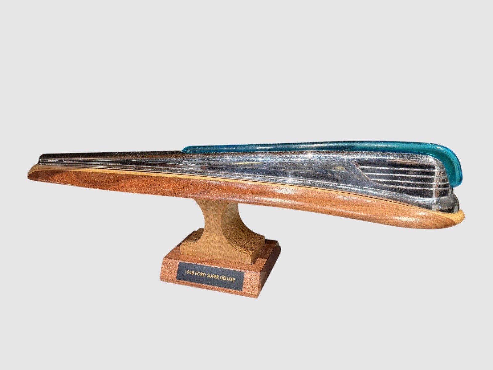 1948 Ford Super Deluxe Original Hood Ornament Blue Lucite Custom Wood Display 1948 Ford Super Deluxe Original Hood Ornament Blue Lucite Custom Wood Display