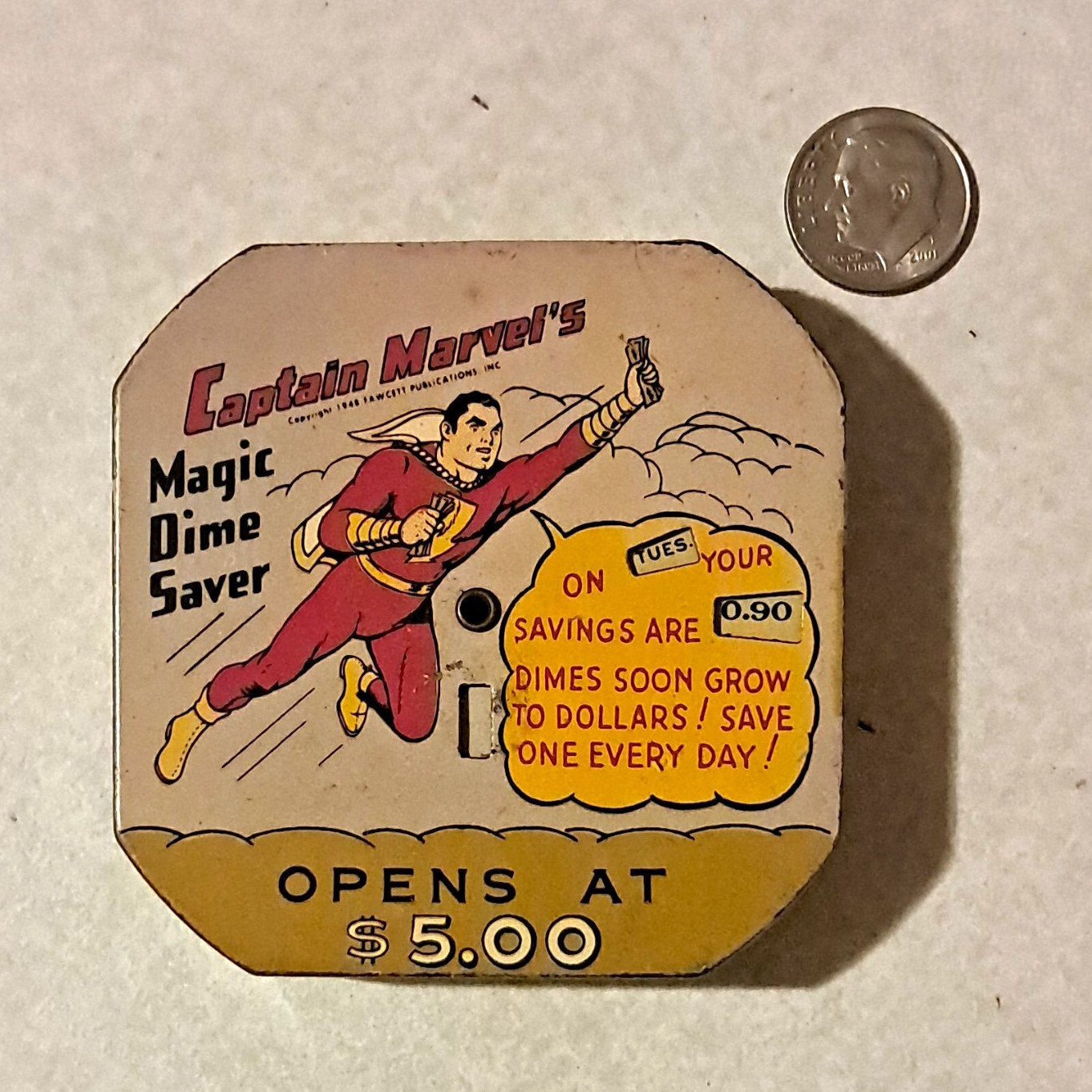 Vintage 1948 Captain Marvel's Magic Dime Saver tin lithograph coin bank Vintage 1948 Captain Marvel's Magic Dime Saver tin lithograph coin bank