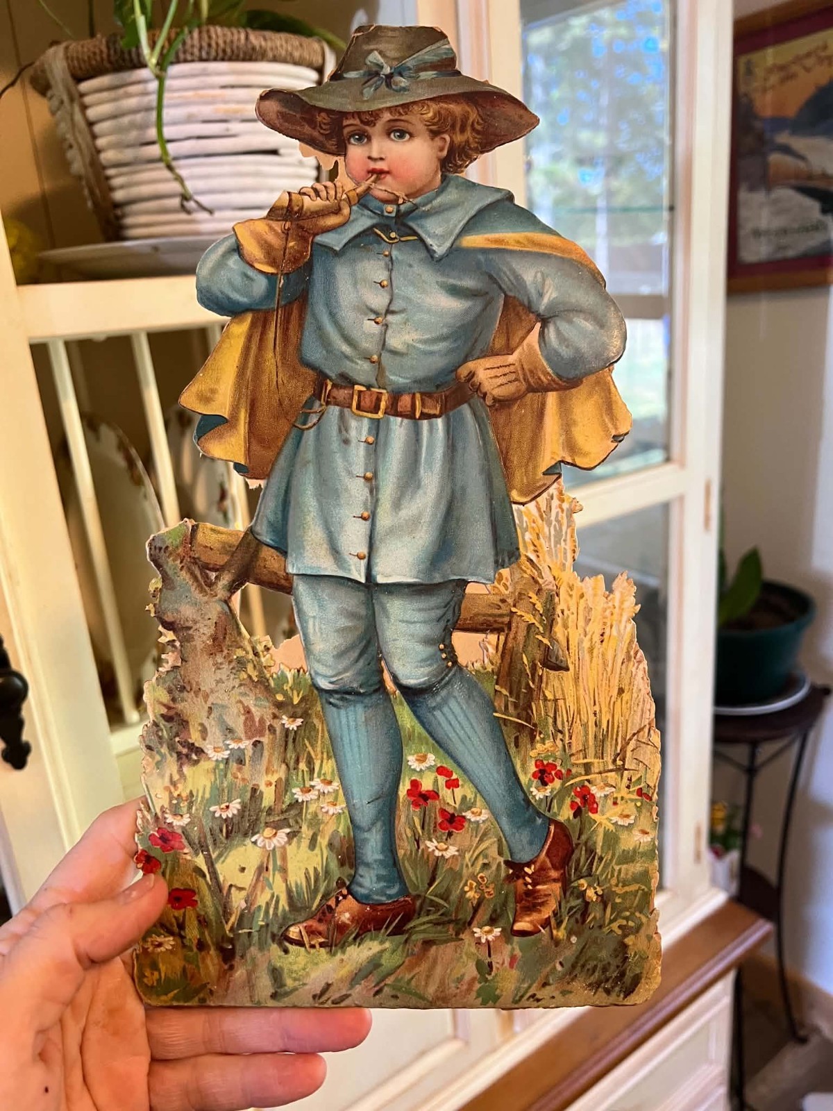 1880's LARGE ANTIQUE VICTORIAN TRADE CARD BLUE BOY DIE-CUT CHROMOLITHOGRAPH