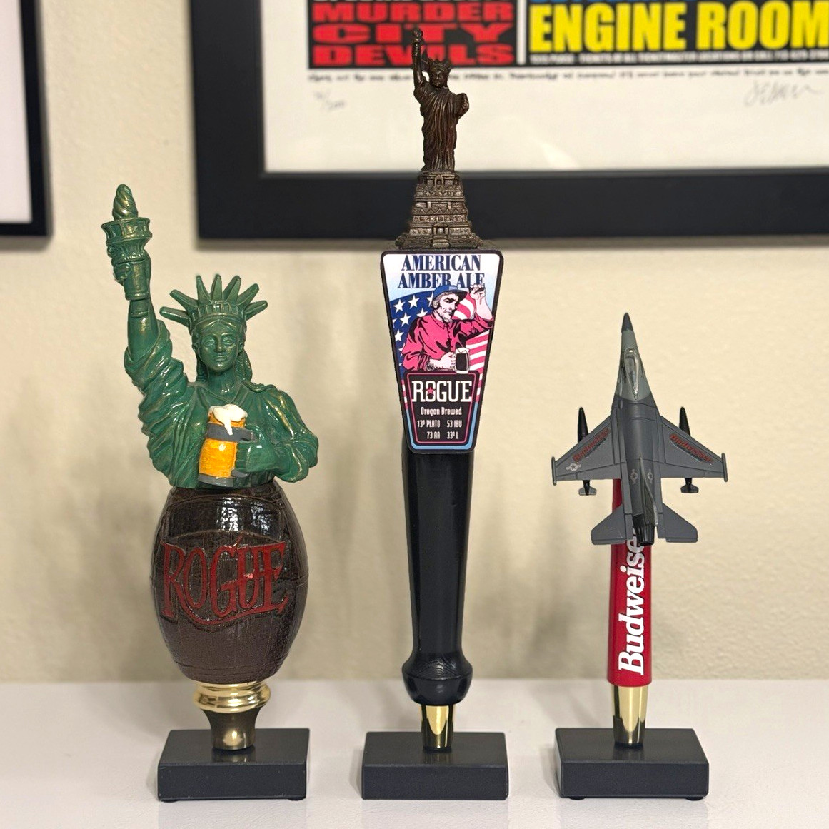 RARE Budweiser Fighter Jet & 2 Rogue Statue of Liberty Beer Tap Handles RARE Budweiser Fighter Jet & 2 Rogue Statue of Liberty Beer Tap Handles