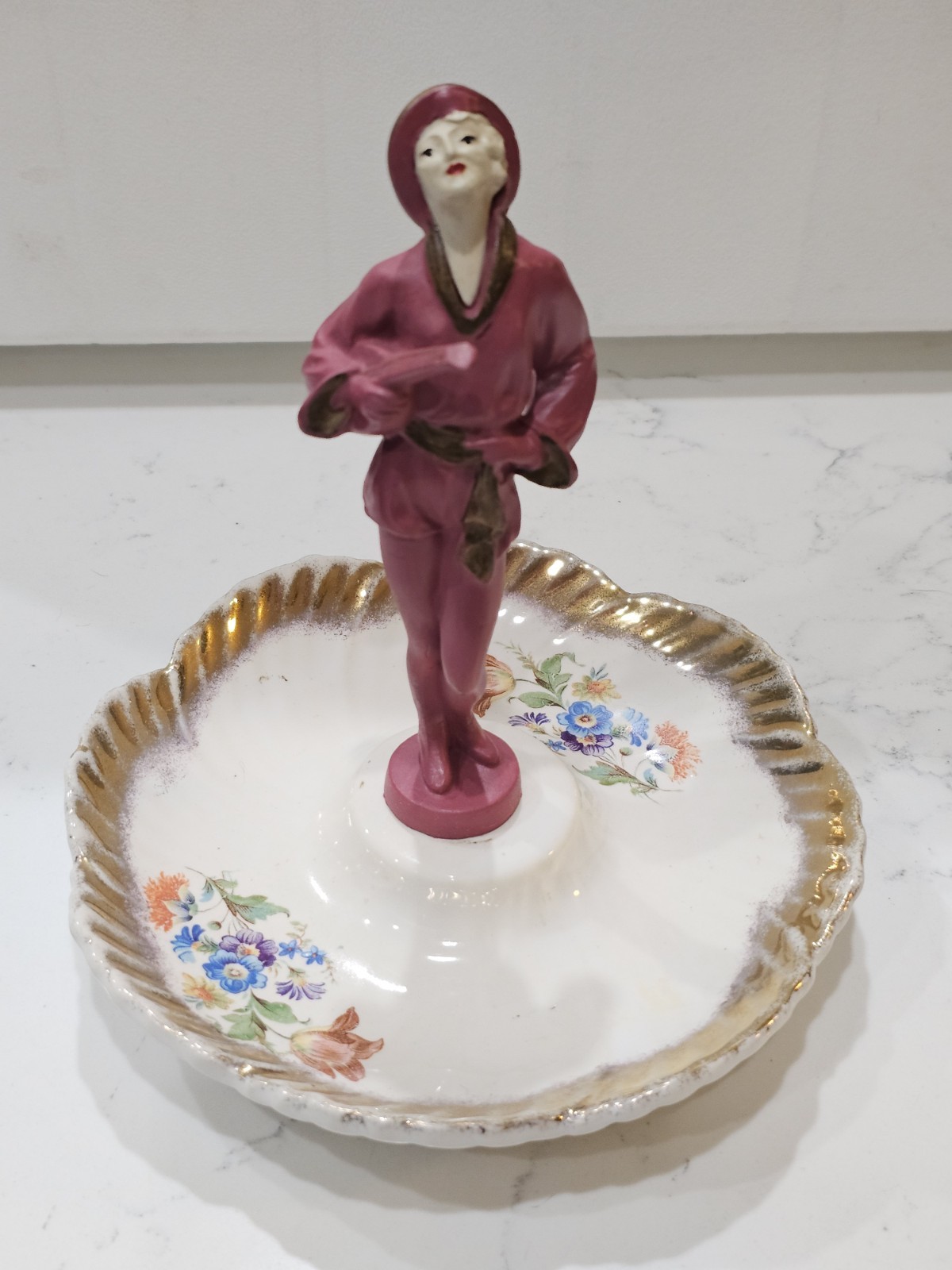 Vintage J. B. Hirsch "Lute Lady" Metal Figurine and Porcelain Ashtray Vintage J. B. Hirsch "Lute Lady" Metal Figurine and Porcelain Ashtray