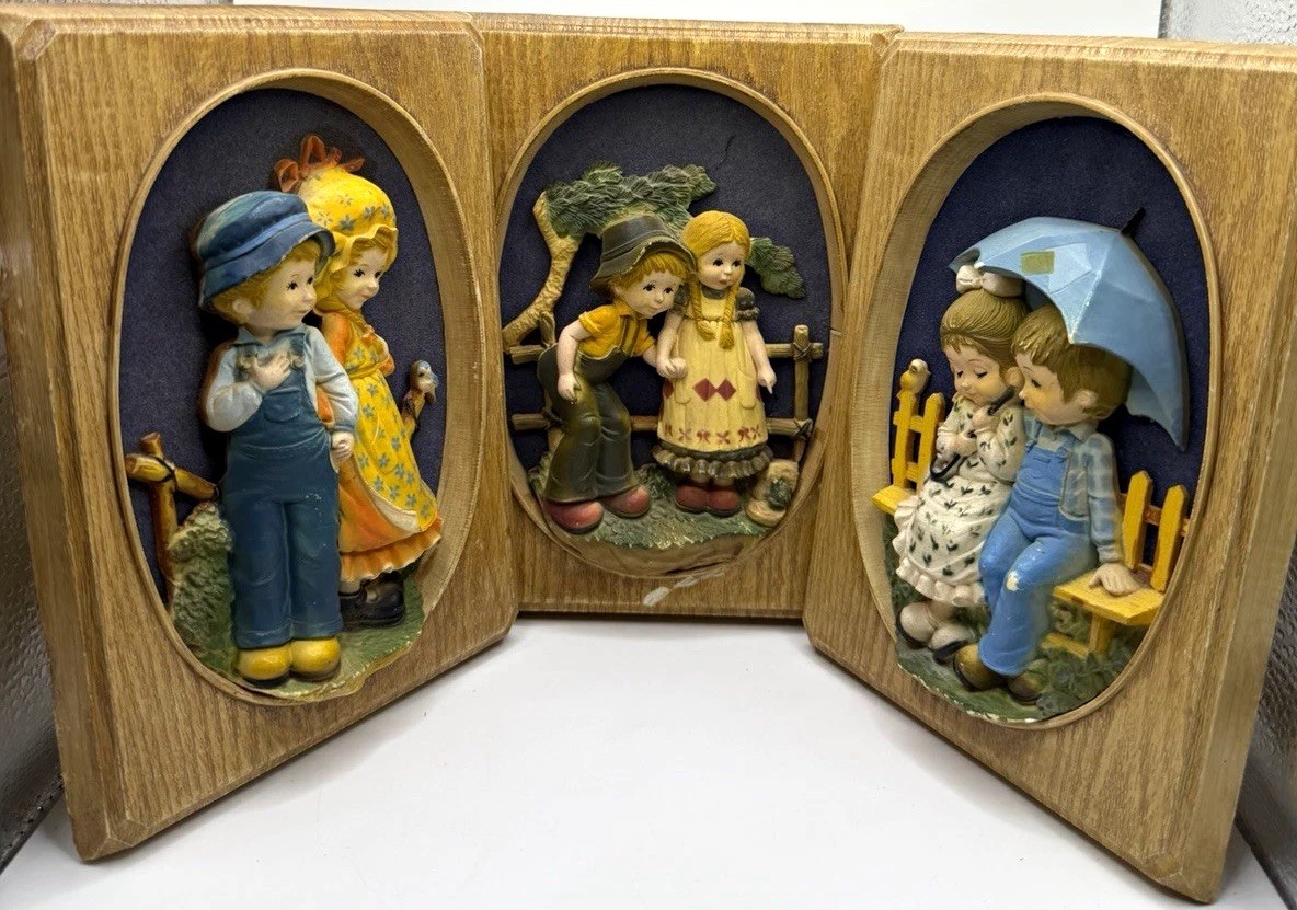 Vintage 3D Resin Children Wall Plaques Set of 3 Retro 1970s Style Faux Wood