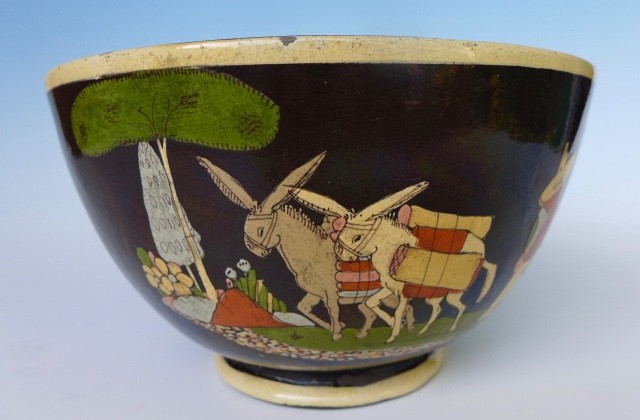 Vintage 1940 Mexican Tlaquepaque black donkey cactus bowl 8 5/8" diam. x 5" tall