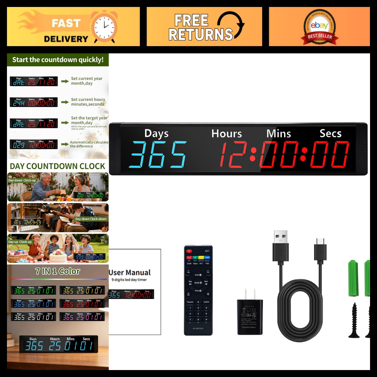 Digital 999 Days Countdown Count Up Timer Clock with RGB Color