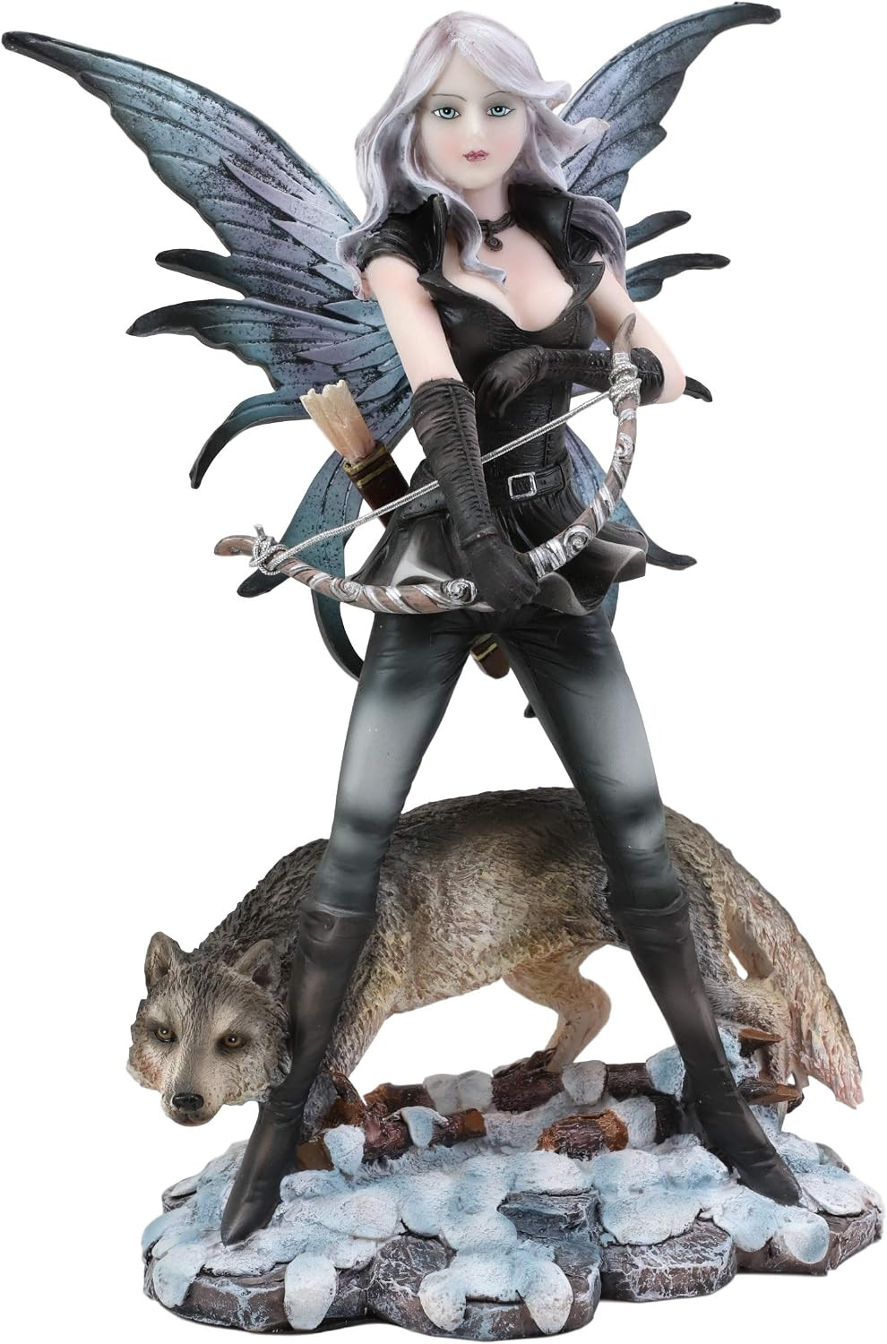 Ebros Winter Snow Fairy Goddess Artemis Hunting with Gray Wolf Statue 10" Tall F