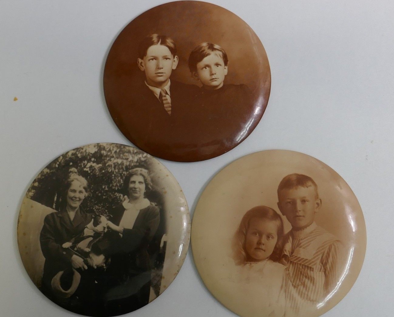Large 6" Diameter Antique Pin Back Buttons Photographs - Set Of 3 Large 6" Diameter Antique Pin Back Buttons Photographs - Set Of 3
