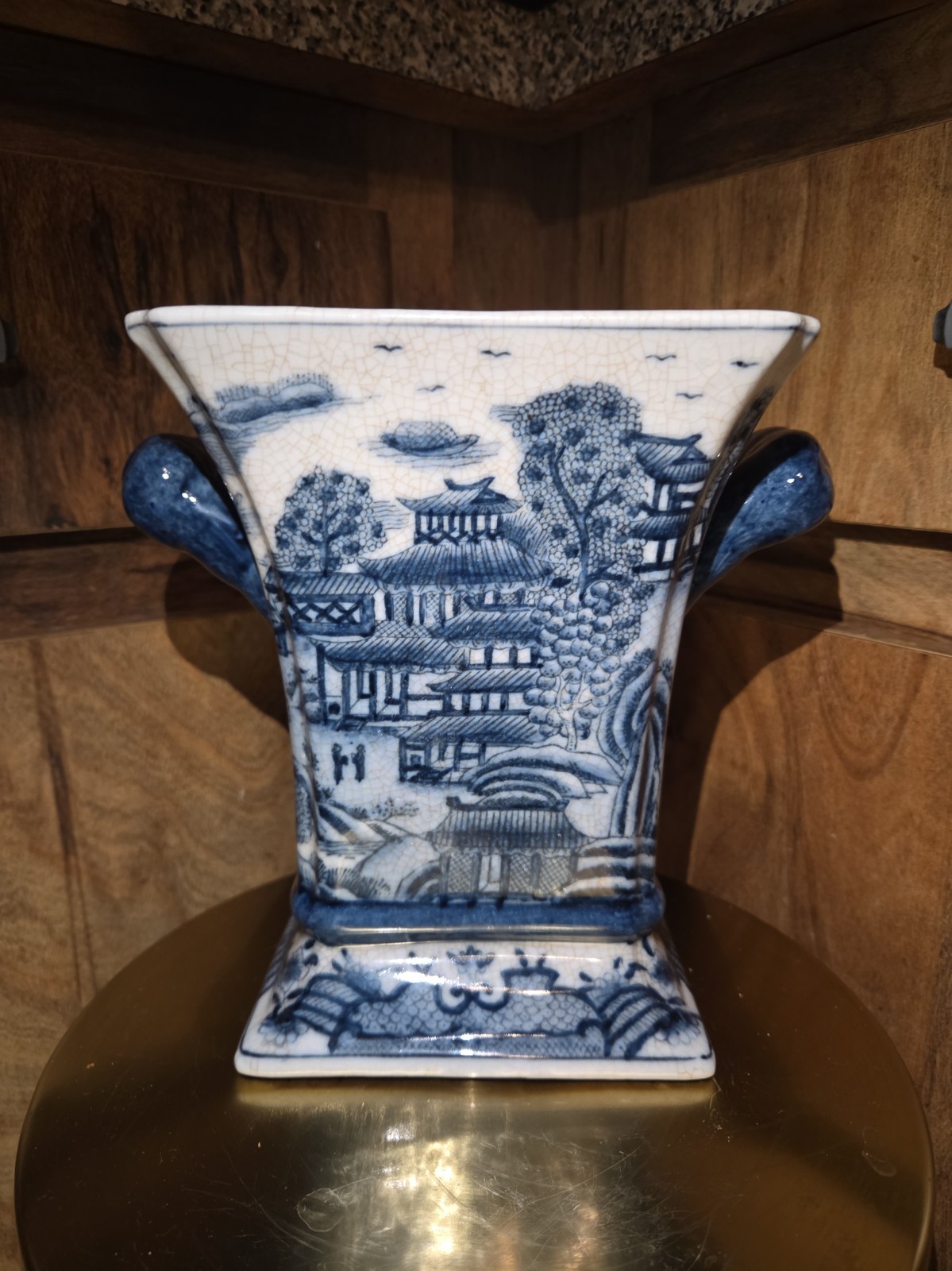 Vintage United Wilson Blue White Chinoiserie Crackle Glaze Vase Urn Handles Vintage United Wilson Blue White Chinoiserie Crackle Glaze Vase Urn Handles
