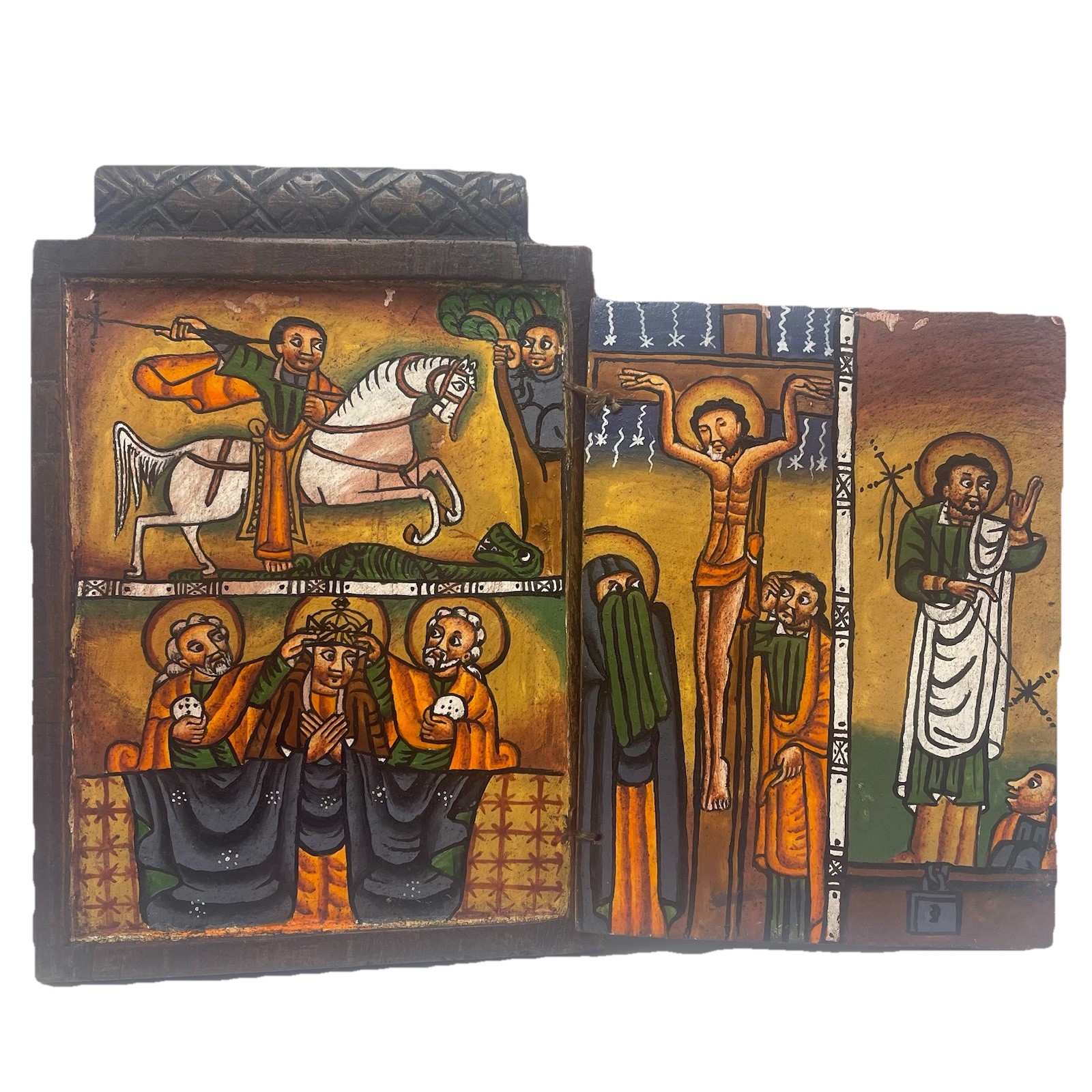 Vintage ETHIOPIAN Orthodox Hand Carved Wood Icon Jesus, Angels