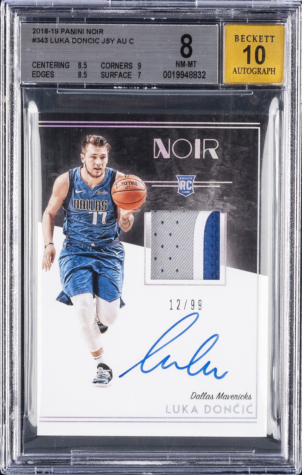 2018-19 PANINI NOIR #343 LUKA DONCIC ROOKIE RC BGS 8 2018-19 PANINI NOIR #343 LUKA DONCIC ROOKIE RC BGS 8