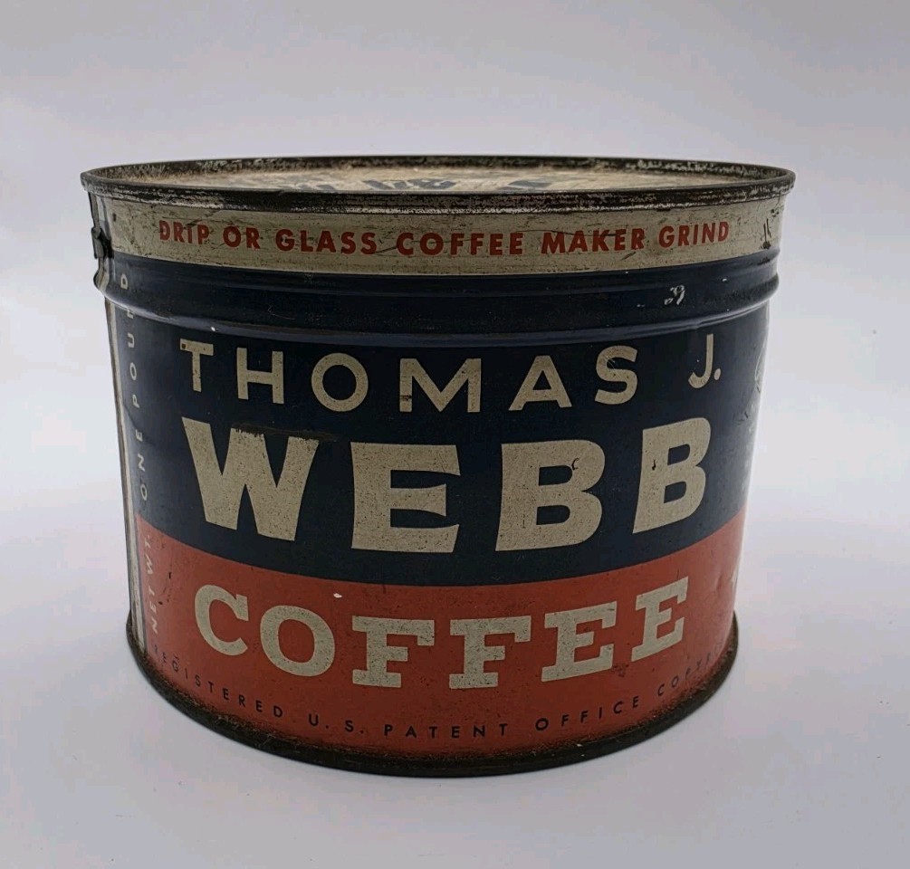 NOS Vintage Coffee Tin Thomas J Webb 1-Pound Original Key Full And Sealed NOS Vintage Coffee Tin Thomas J Webb 1-Pound Original Key Full And Sealed
