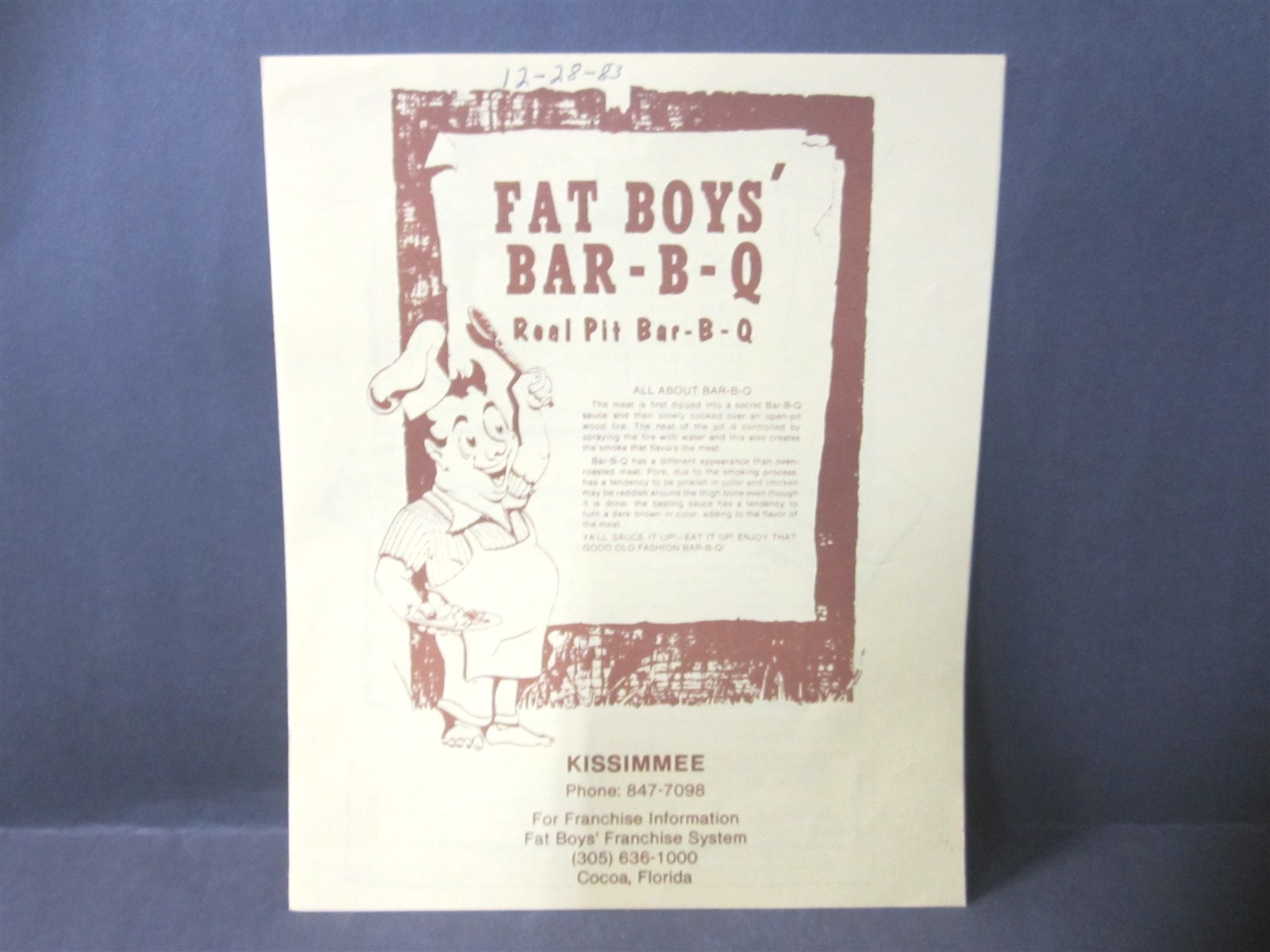 Vintage 1980's Fat Boys Bar-B-Q Restaurant Menu - Cocoa, Florida