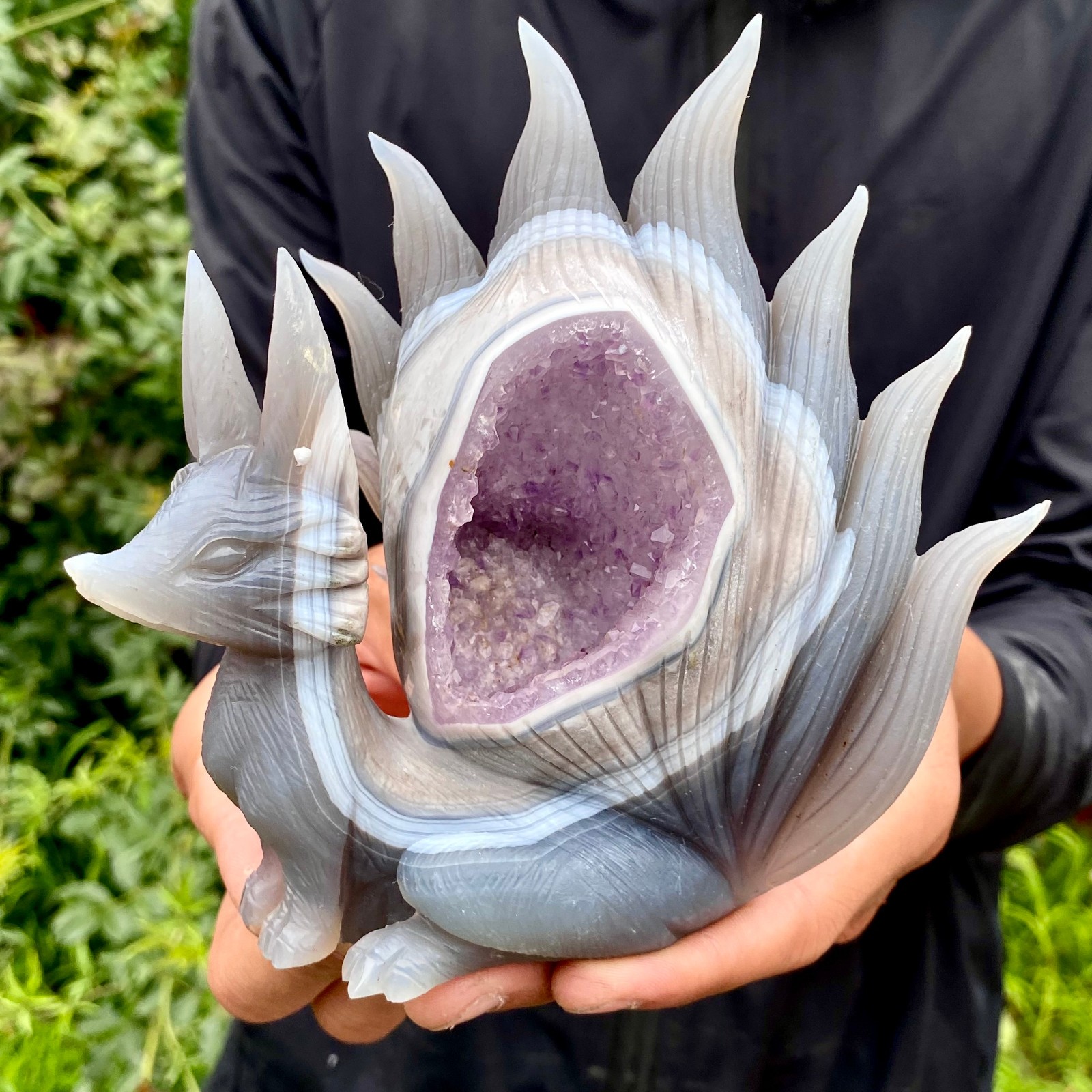 2LB Natural Amethyst Geode Hand Carved Nine-tailed Fox Quartz Crystal Decor 2LB Natural Amethyst Geode Hand Carved Nine-tailed Fox Quartz Crystal Decor
