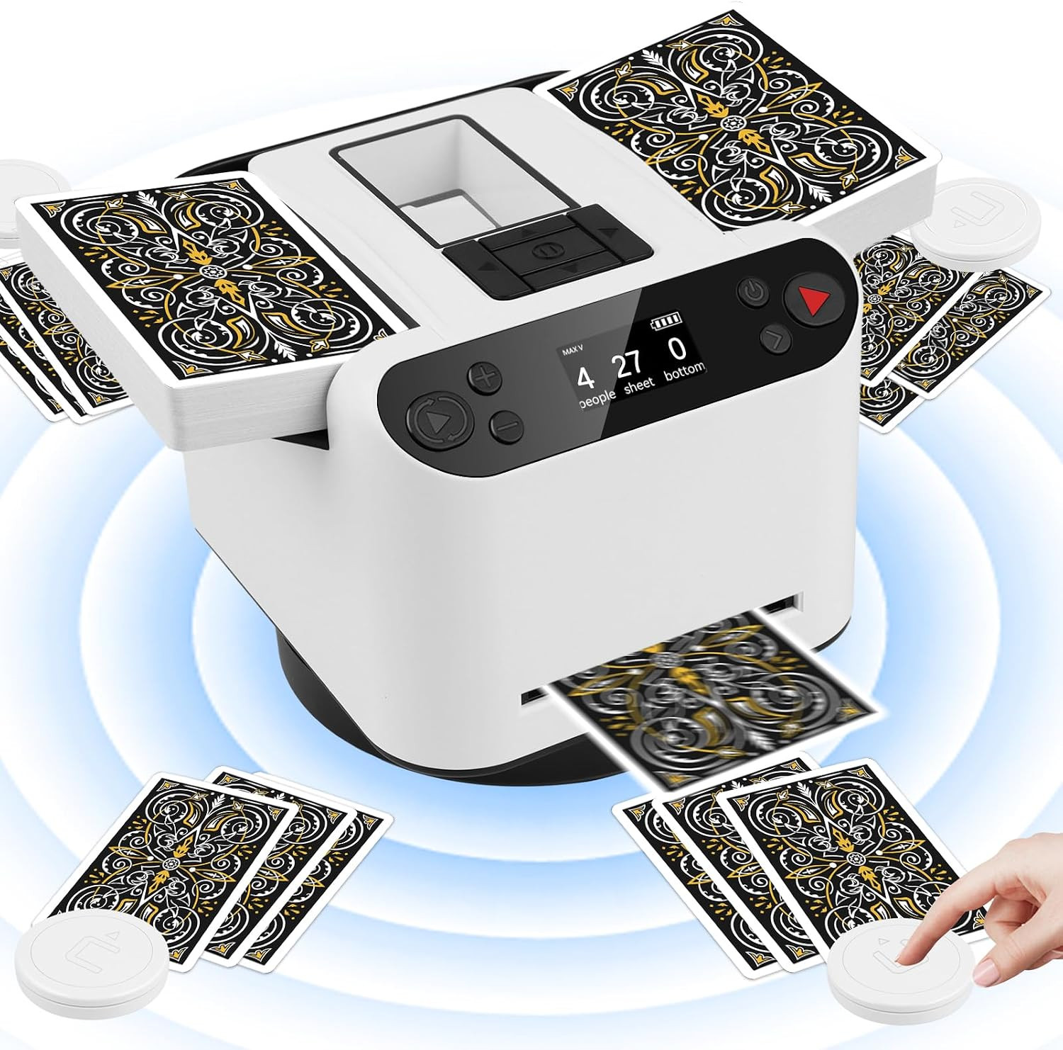 Automatic Card Shuffler and Dealer 2-In-1, 4 Drawing Remotes, 360° Rotating Deal Automatic Card Shuffler and Dealer 2-In-1, 4 Drawing Remotes, 360° Rotating Deal