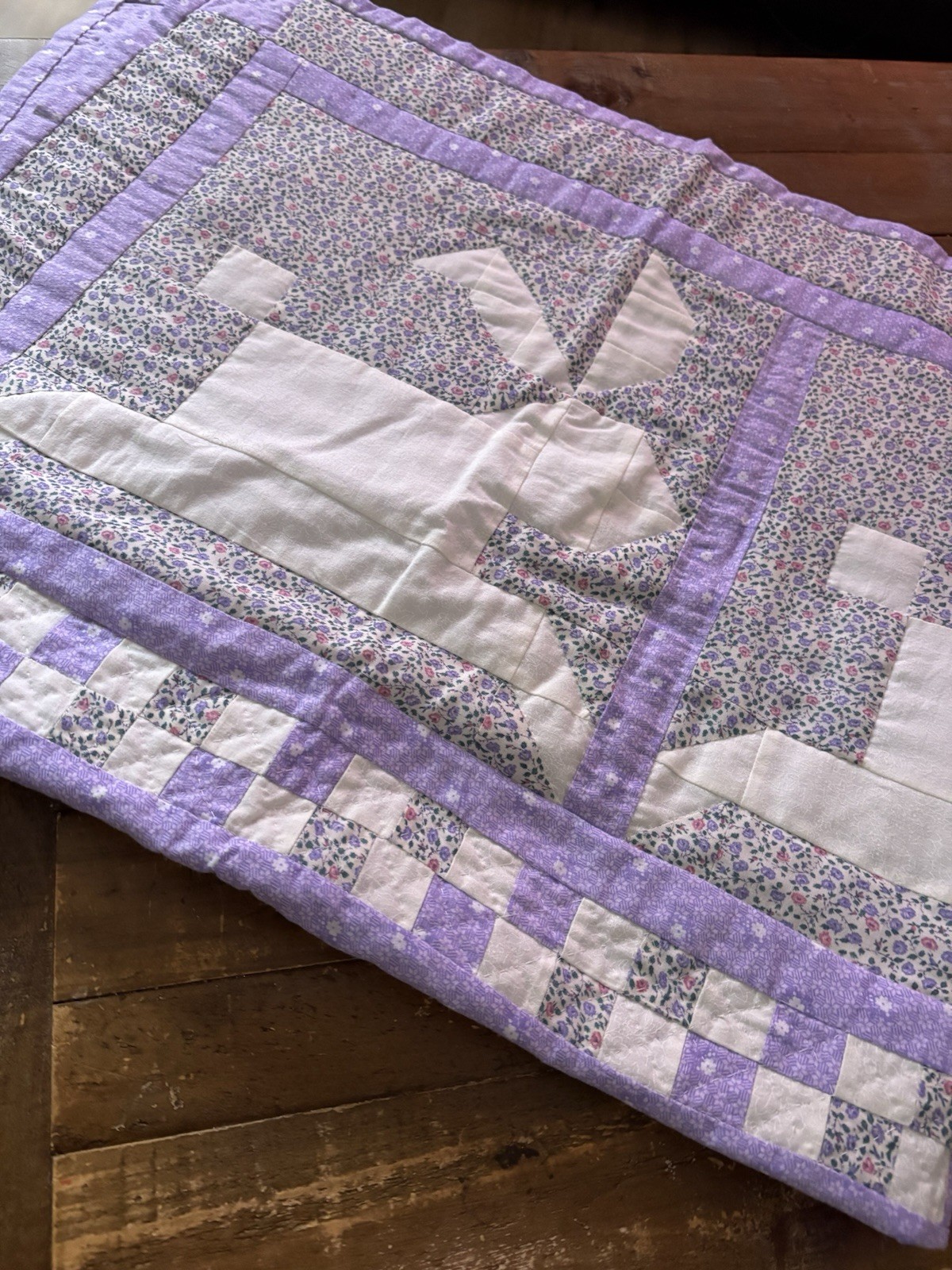 Vintage Handmade lavender and white rabbit patchwork quilt Wall Hanging Vintage Handmade lavender and white rabbit patchwork quilt Wall Hanging