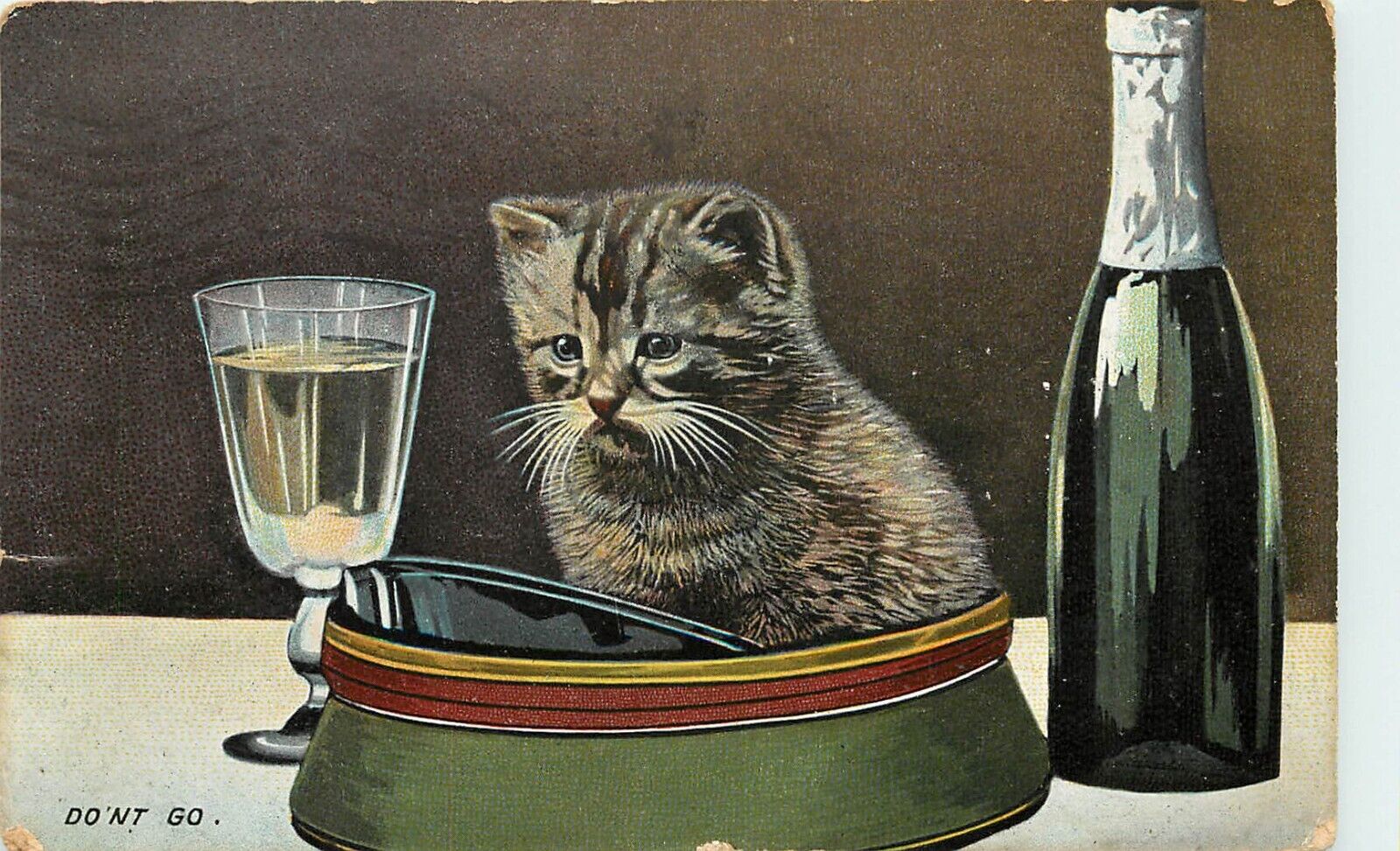 c1908 Cat Postcard; Tabby Kitten in Soldier\'s Cap, Champagne in Glass, Don\'t Go