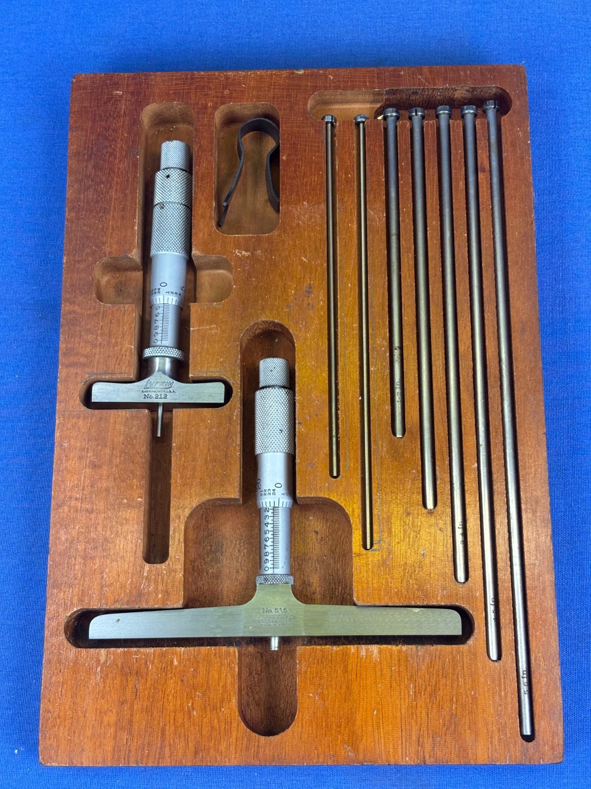 Vintage Lufkin Rule No. 515 & 212 Depth Micrometer Set + 9 Rods & Wooden Case Vintage Lufkin Rule No. 515 & 212 Depth Micrometer Set + 9 Rods & Wooden Case